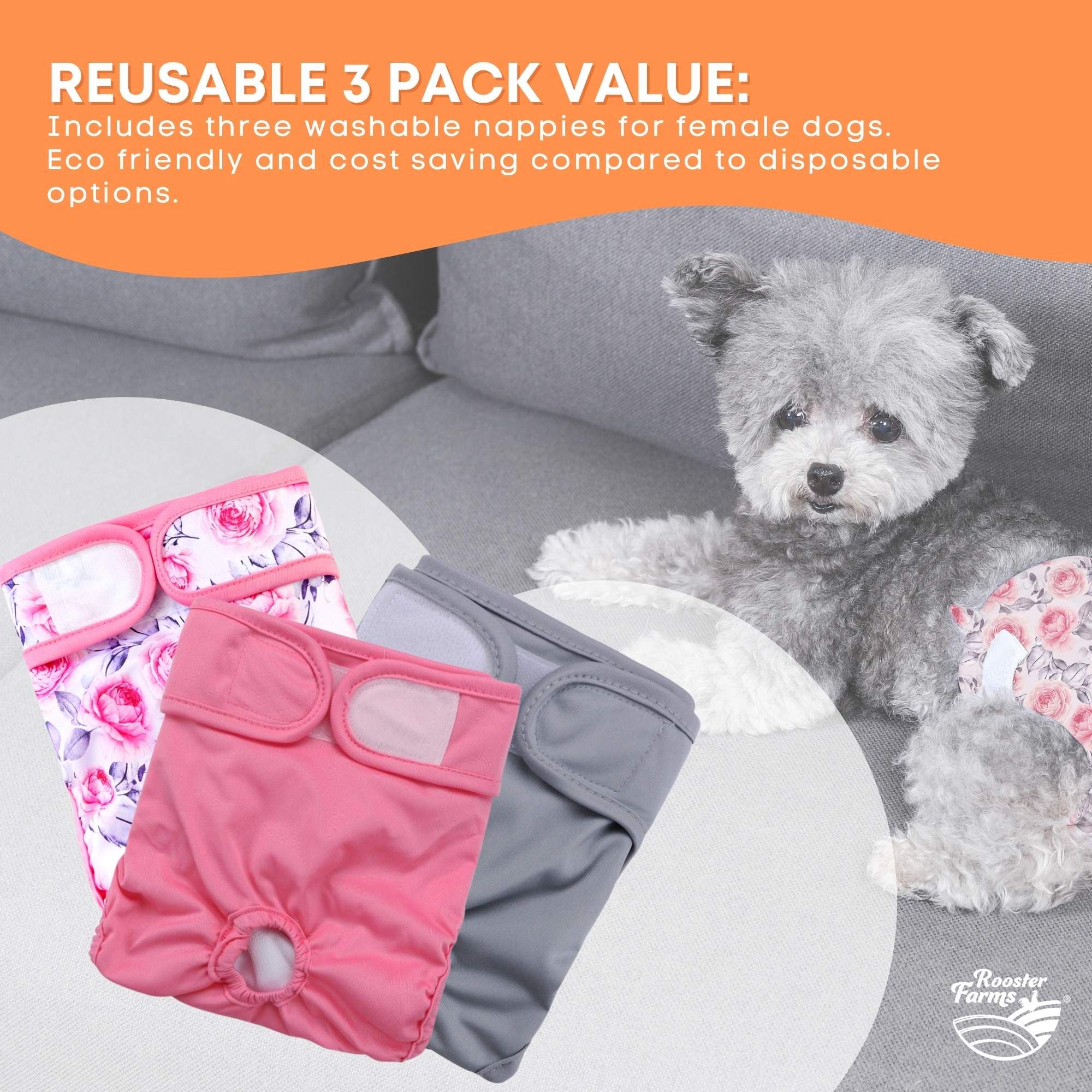 Rooster Farms Female Dog Diapers Large 3Pk - Washable Reusable Nappies Hook/Loop - Image 4