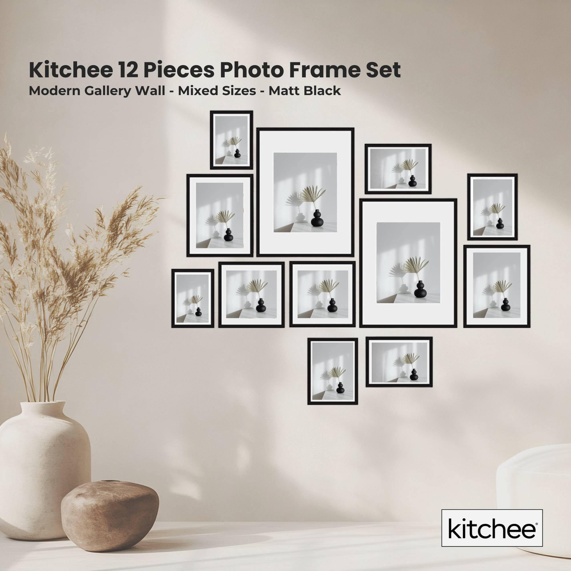 Kitchee 12 Pieces Photo Frame Set - Modern Gallery Wall Mixed Sizes Matt Black - Image 2