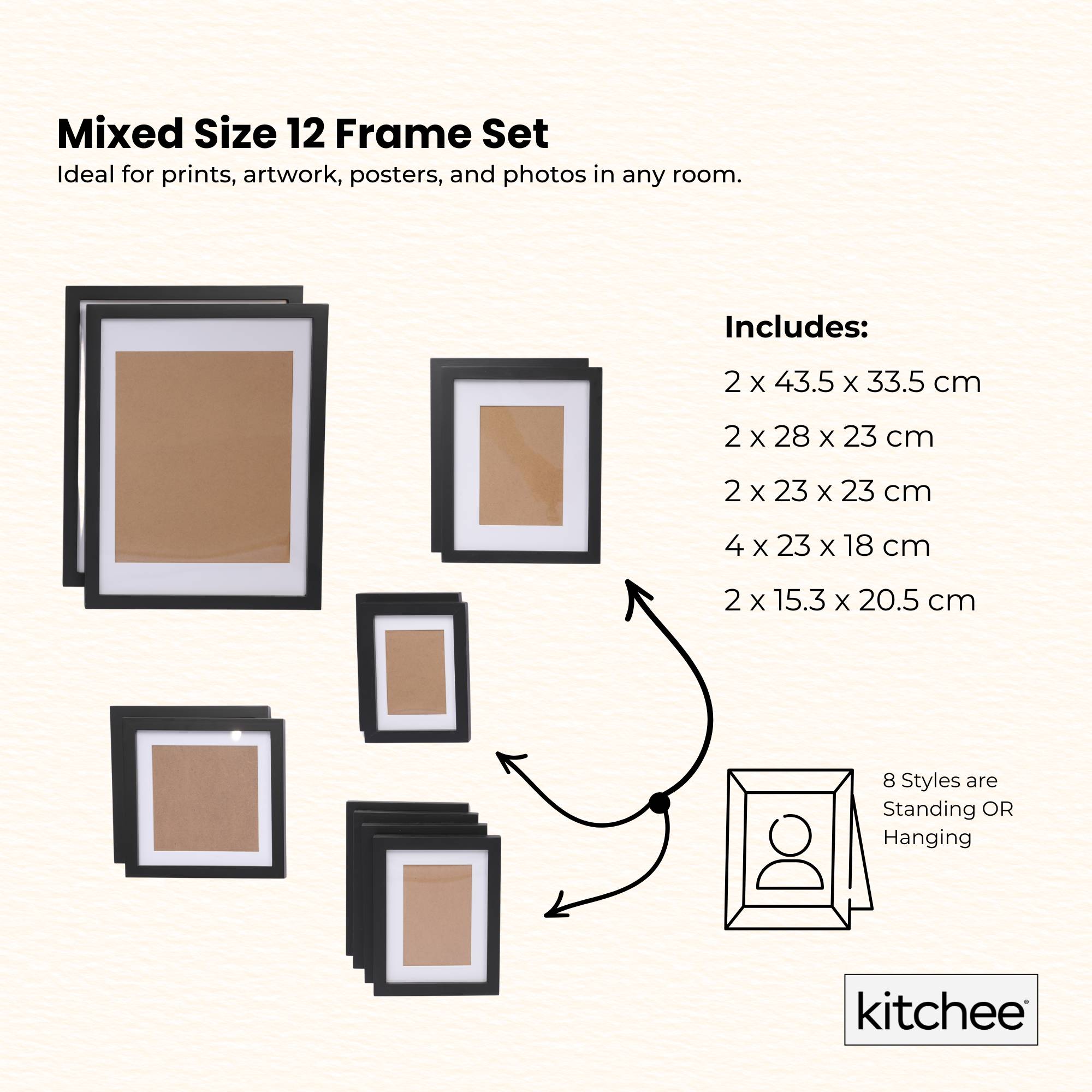 Kitchee 12 Pieces Photo Frame Set - Modern Gallery Wall Mixed Sizes Matt Black - Image 3