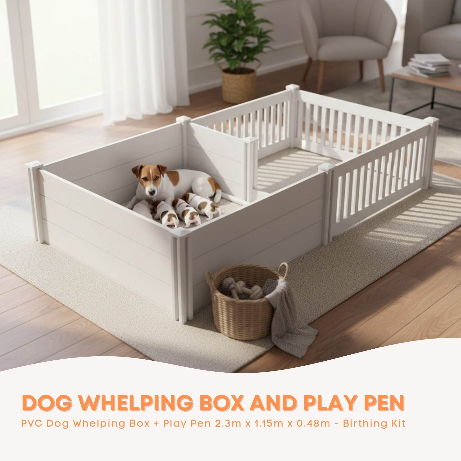 Rooster Farms PVC Dog Whelping Box + Play Pen 2.30m x 1.15m x 0.48m - Birthing Kit - Image 2