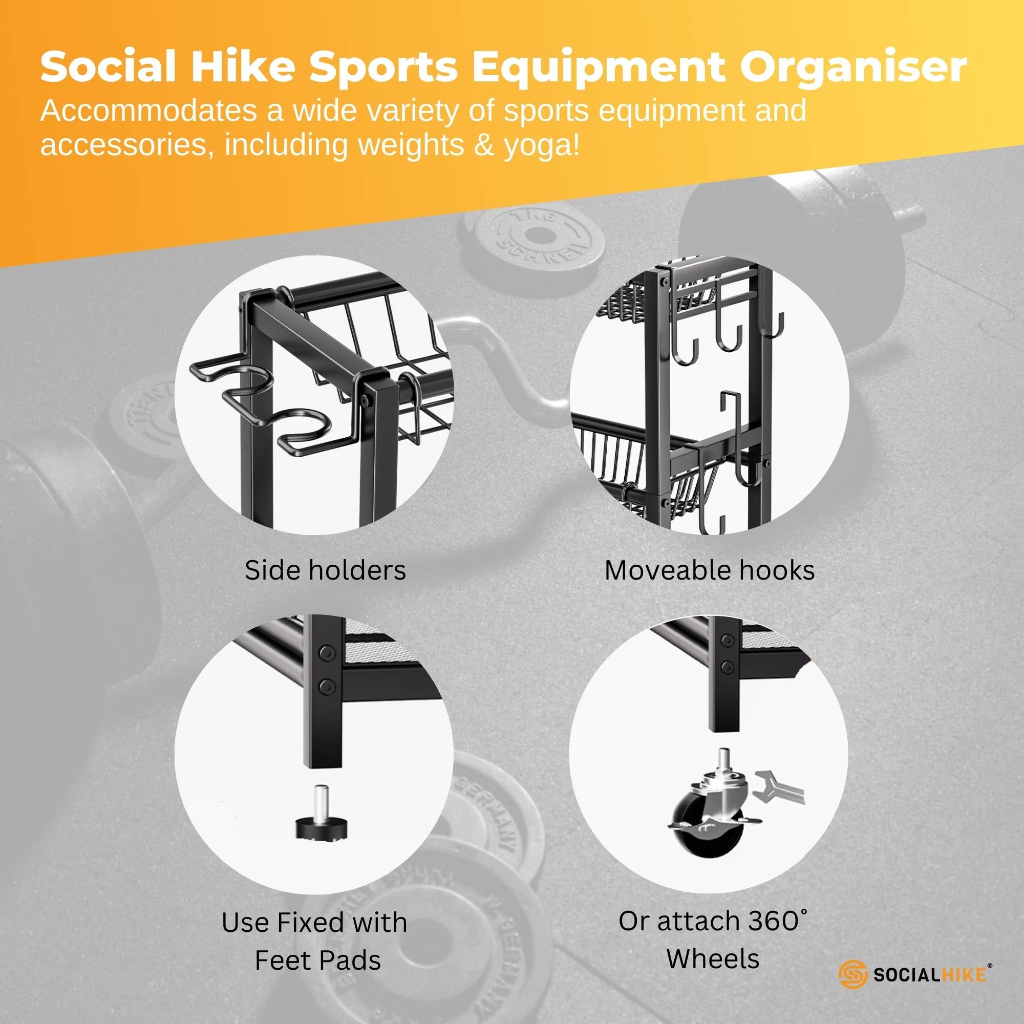 Social Hike Sports Equipment Storage Organiser with Side Rack Garage Trolley - Image 6