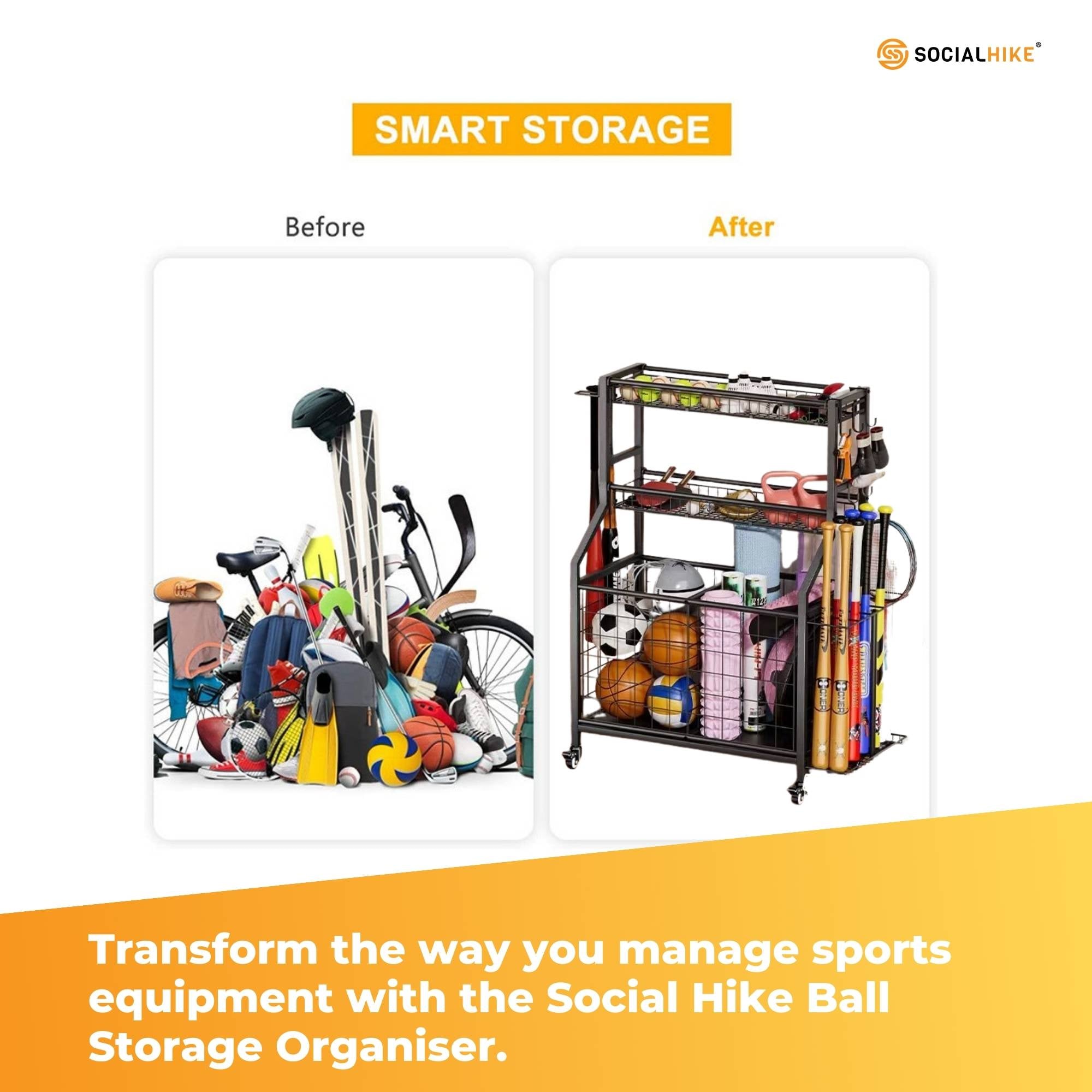 Social Hike Sports Equipment Storage Organiser with Side Rack Garage Trolley - Image 7