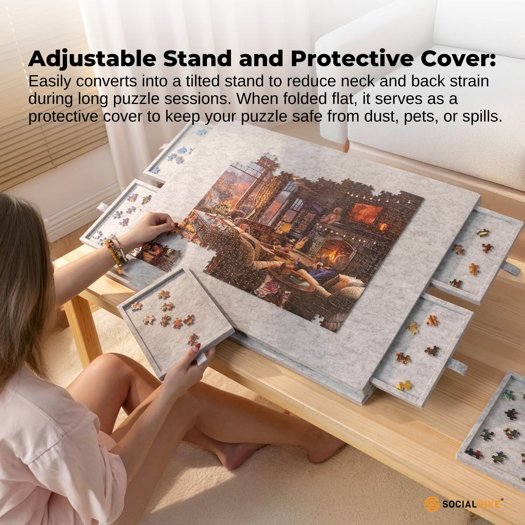 Social Hike Puzzle Board 1000 pcs - Felt Tilting Portable Cover + Drawers Silver - Image 6