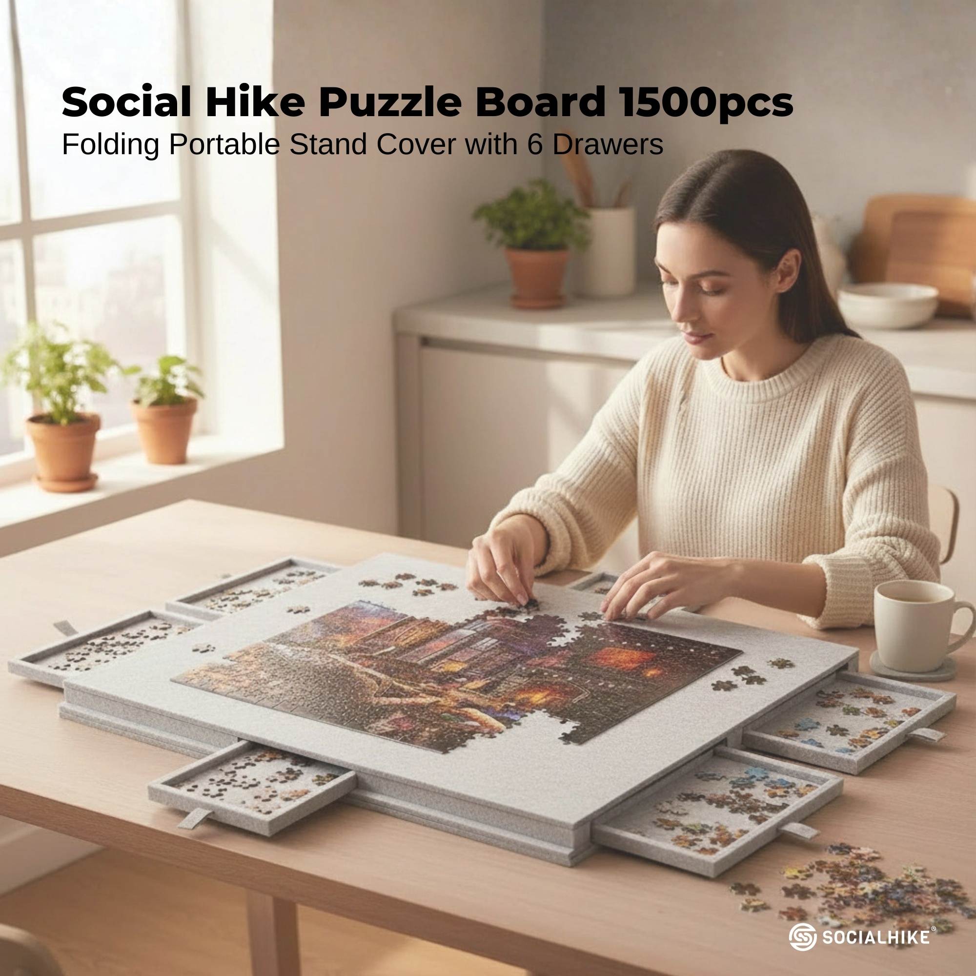 Social Hike Puzzle Board 1500 pcs - Felt Tilting Portable Cover + Drawers Silver - Image 2