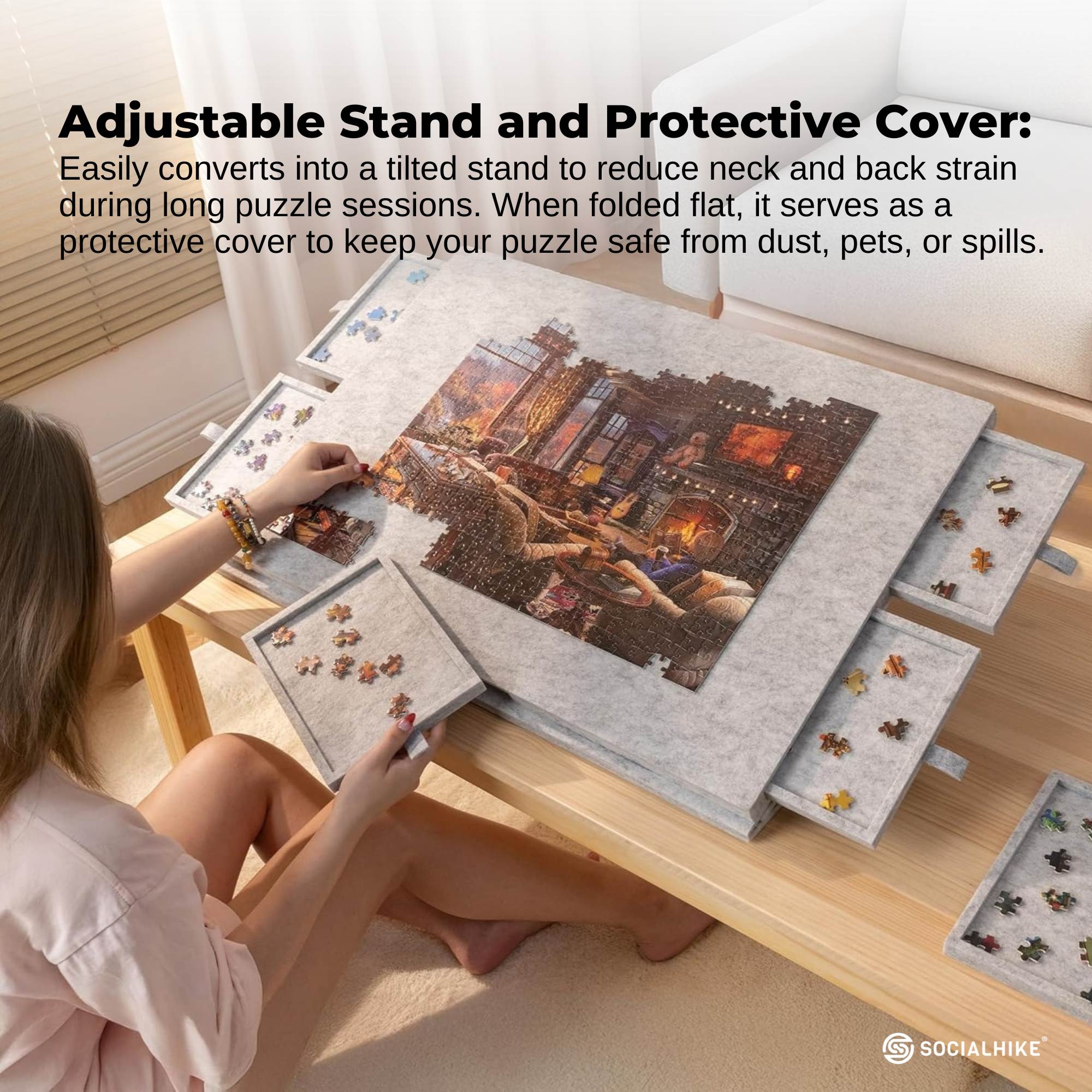 Social Hike Puzzle Board 1500 pcs - Felt Tilting Portable Cover + Drawers Silver - Image 6