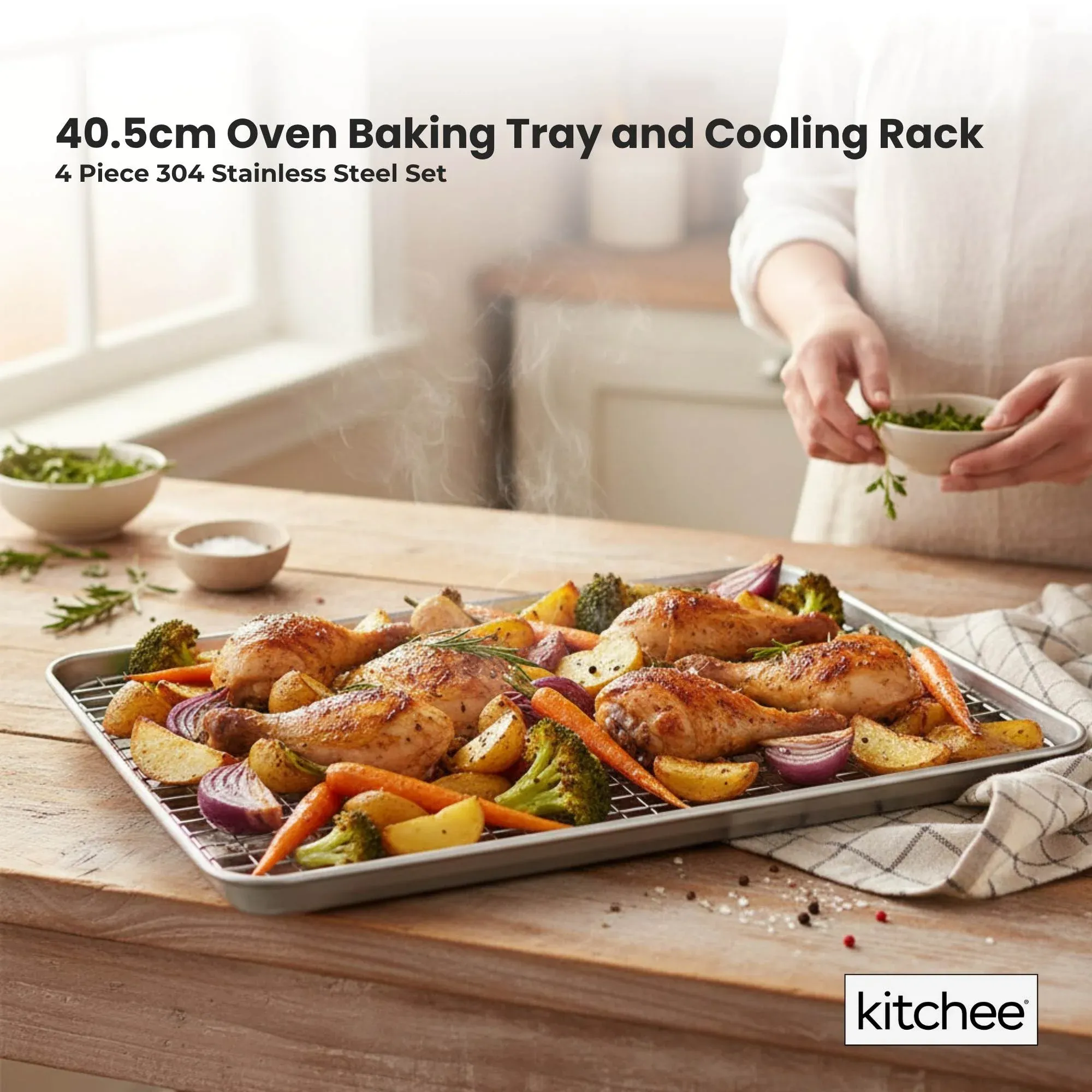 Kitchee 40.5x30.5cm Oven Baking Tray + Cooling Rack 4 Piece Stainless Steel Set - Image 2