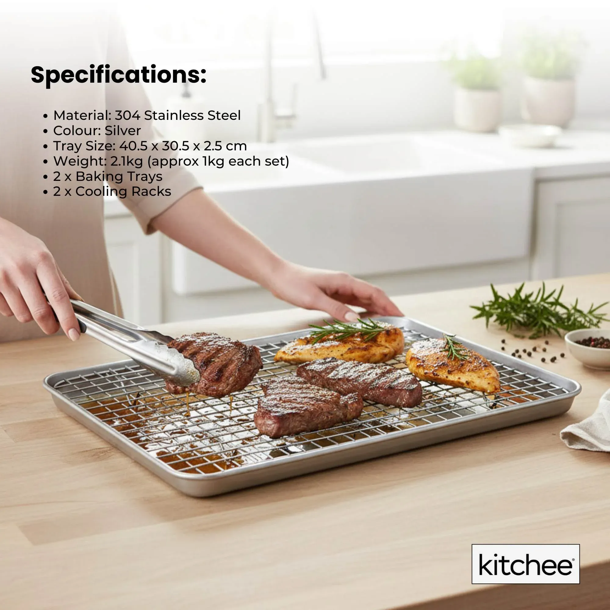 Kitchee 40.5x30.5cm Oven Baking Tray + Cooling Rack 4 Piece Stainless Steel Set - Image 7