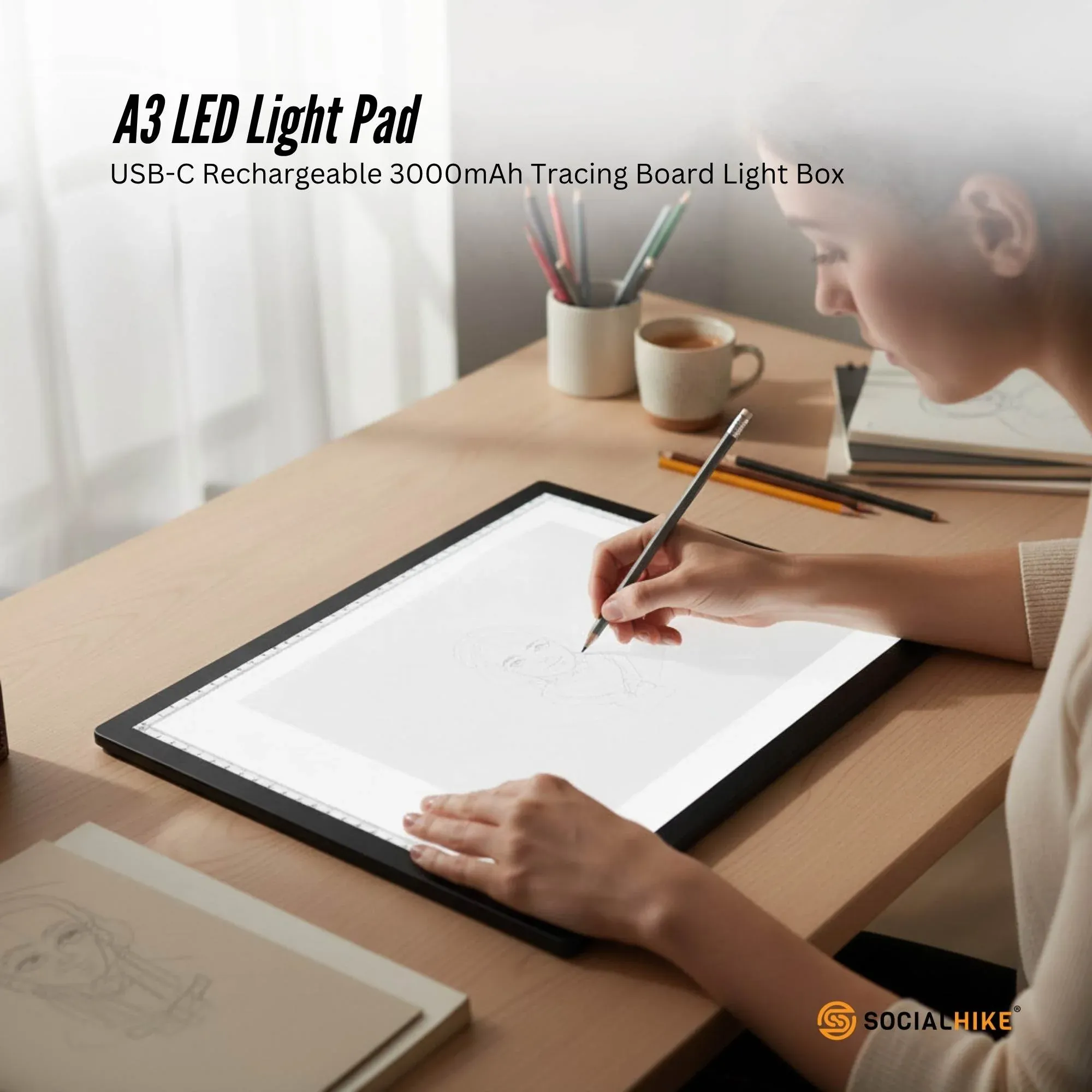Social Hike A3 LED Light Pad Tracing Board Rechargeable USB-C 3000mAh Light Box - Image 2