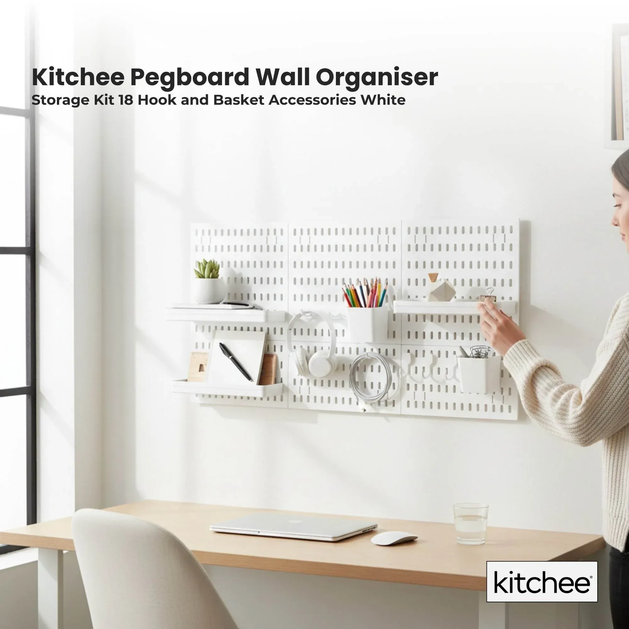 Kitchee Pegboard Wall Organiser Storage Kit 18 Hook and Basket Accessories White - Image 2