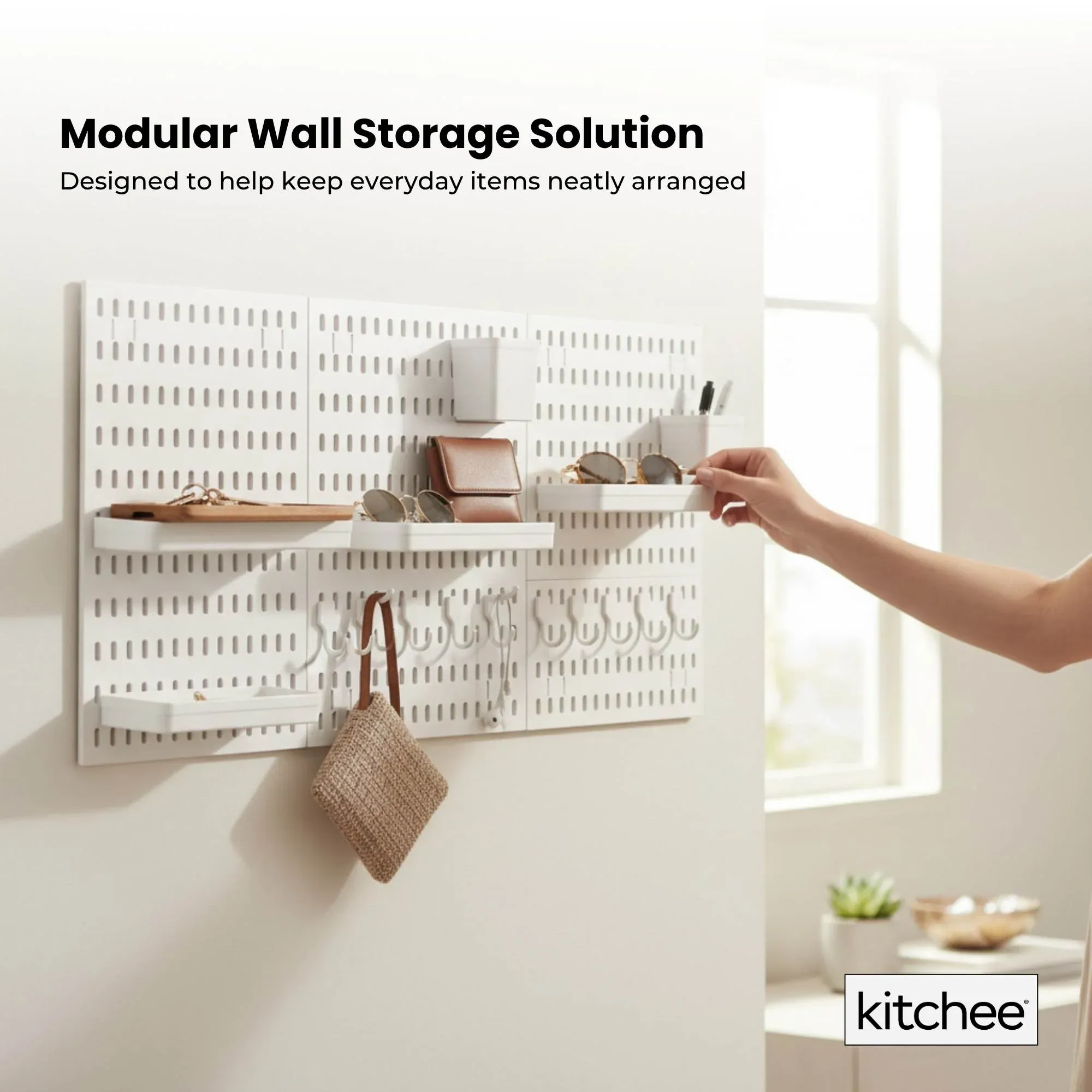 Kitchee Pegboard Wall Organiser Storage Kit 18 Hook and Basket Accessories White - Image 3