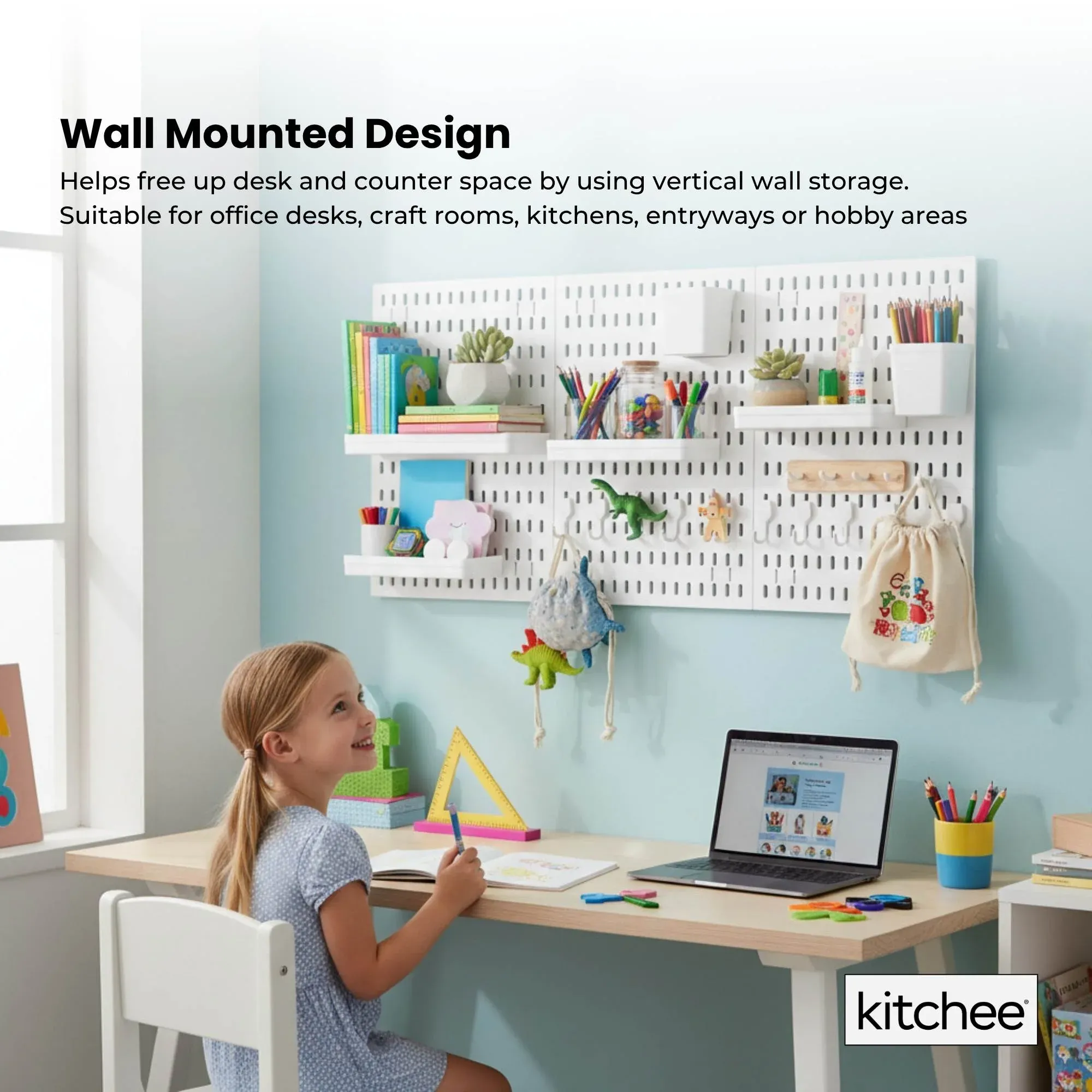 Kitchee Pegboard Wall Organiser Storage Kit 18 Hook and Basket Accessories White - Image 4