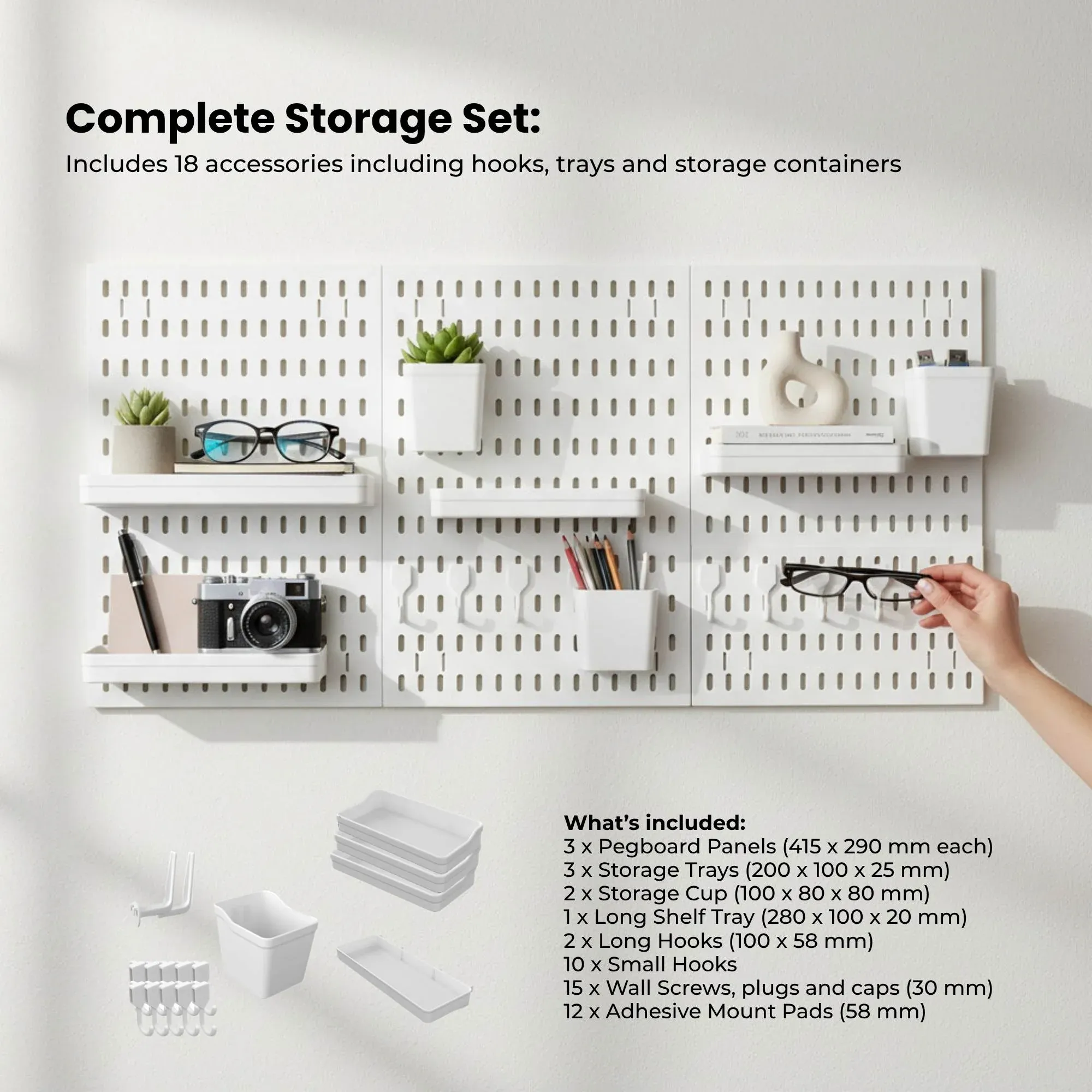 Kitchee Pegboard Wall Organiser Storage Kit 18 Hook and Basket Accessories White - Image 5
