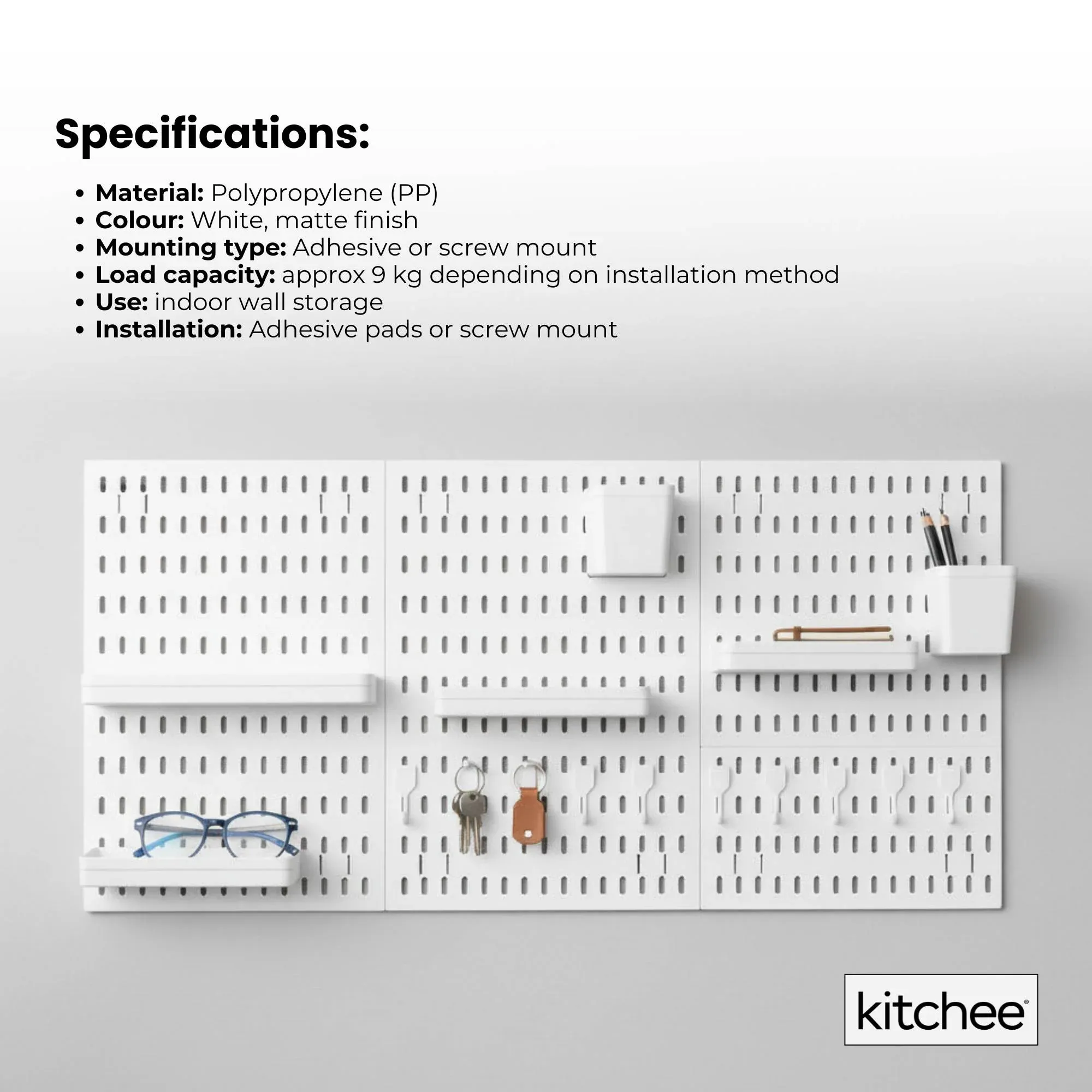 Kitchee Pegboard Wall Organiser Storage Kit 18 Hook and Basket Accessories White - Image 7