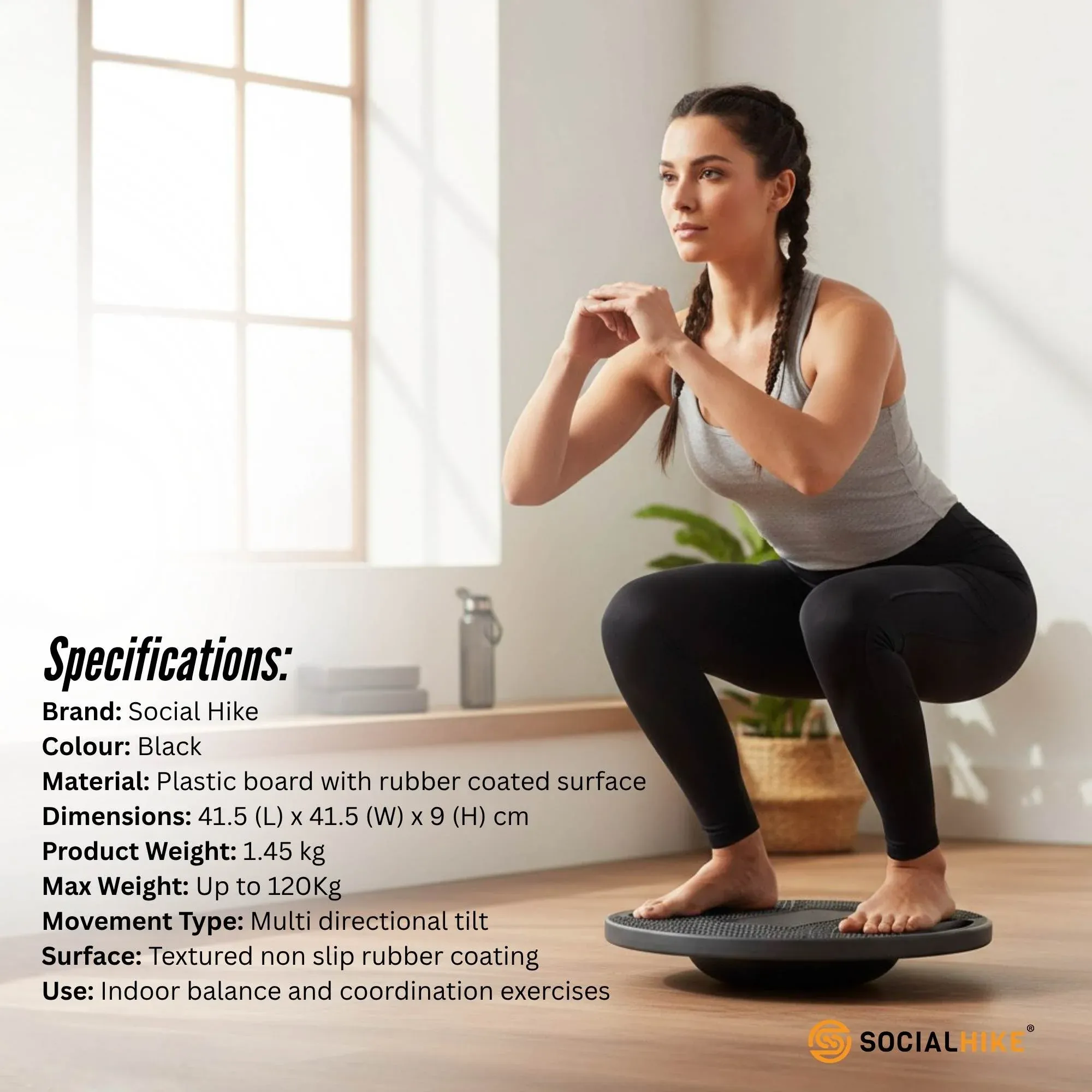 Social Hike Balance Board Wobble 41cm - Non-Slip Round Exercise Trainer Black - Image 7