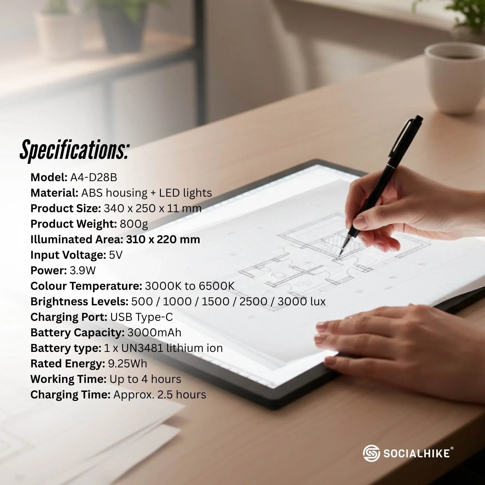 Social Hike A4 LED Light Pad Tracing Board Rechargeable USB-C 3000mAh Light Box - Image 8