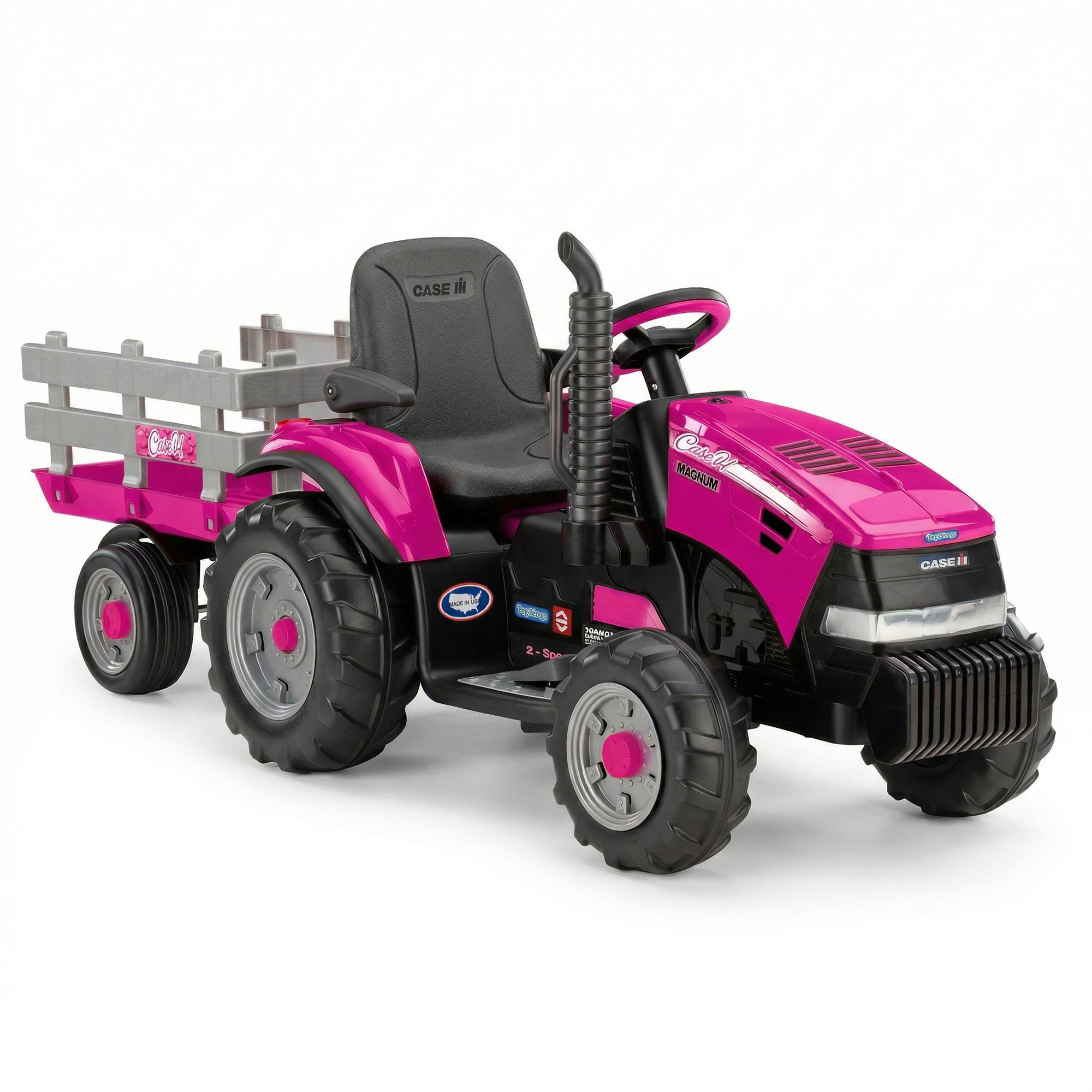 Klika Peg Perego Pink Case IH 12V Kids Ride On Tractor with Trailer 2 Speed Toy - Image 1