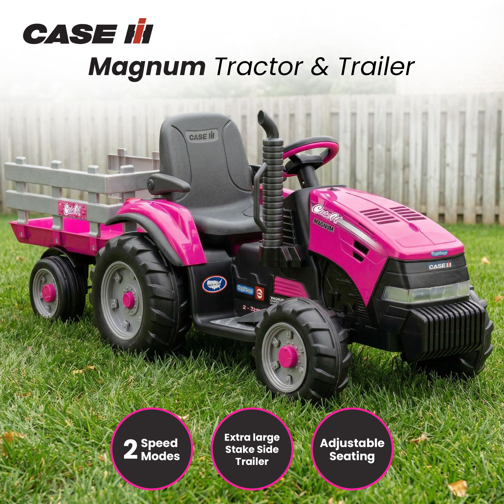Klika Peg Perego Pink Case IH 12V Kids Ride On Tractor with Trailer 2 Speed Toy - Image 2