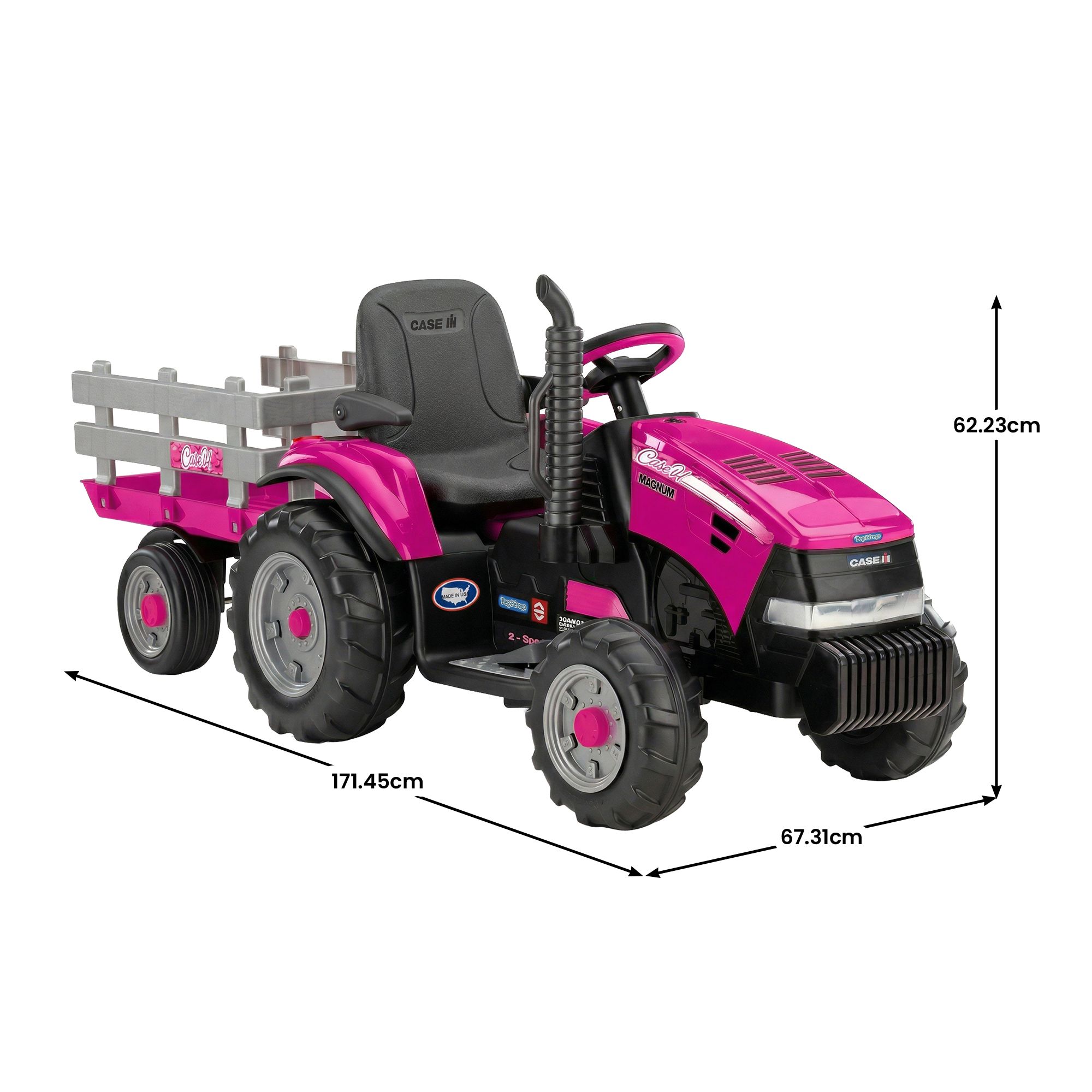 Klika Peg Perego Pink Case IH 12V Kids Ride On Tractor with Trailer 2 Speed Toy - Image 3
