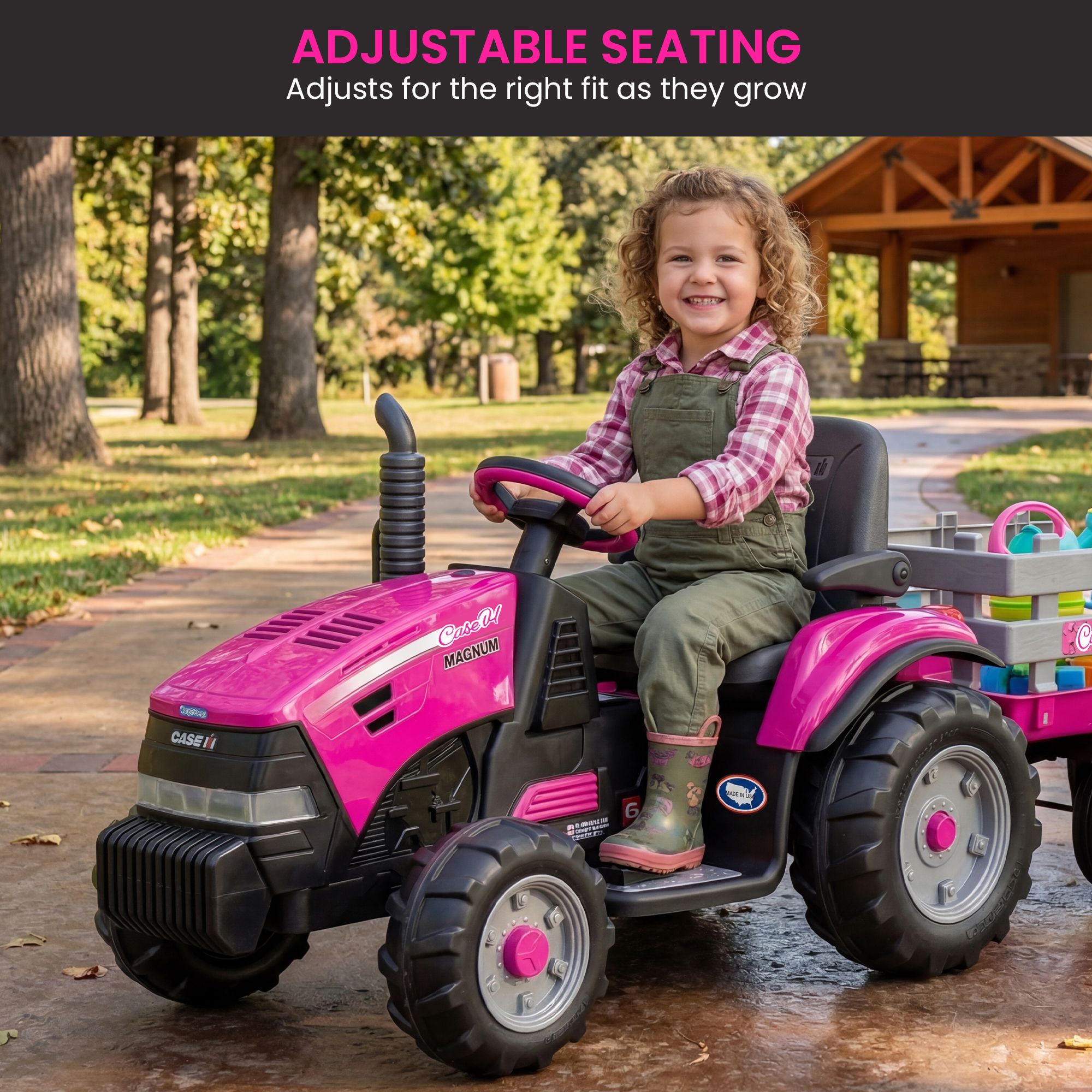Klika Peg Perego Pink Case IH 12V Kids Ride On Tractor with Trailer 2 Speed Toy - Image 6