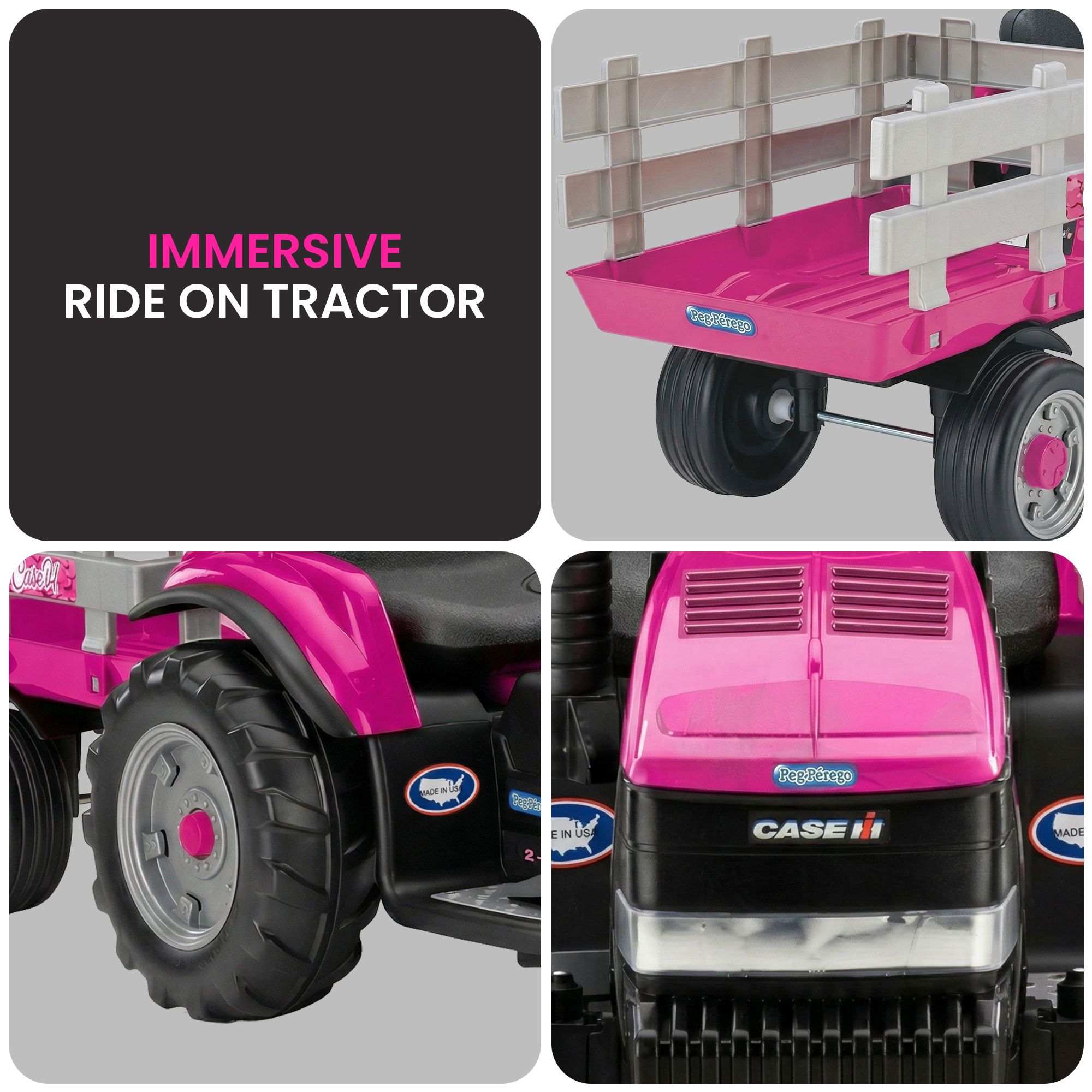 Klika Peg Perego Pink Case IH 12V Kids Ride On Tractor with Trailer 2 Speed Toy - Image 7