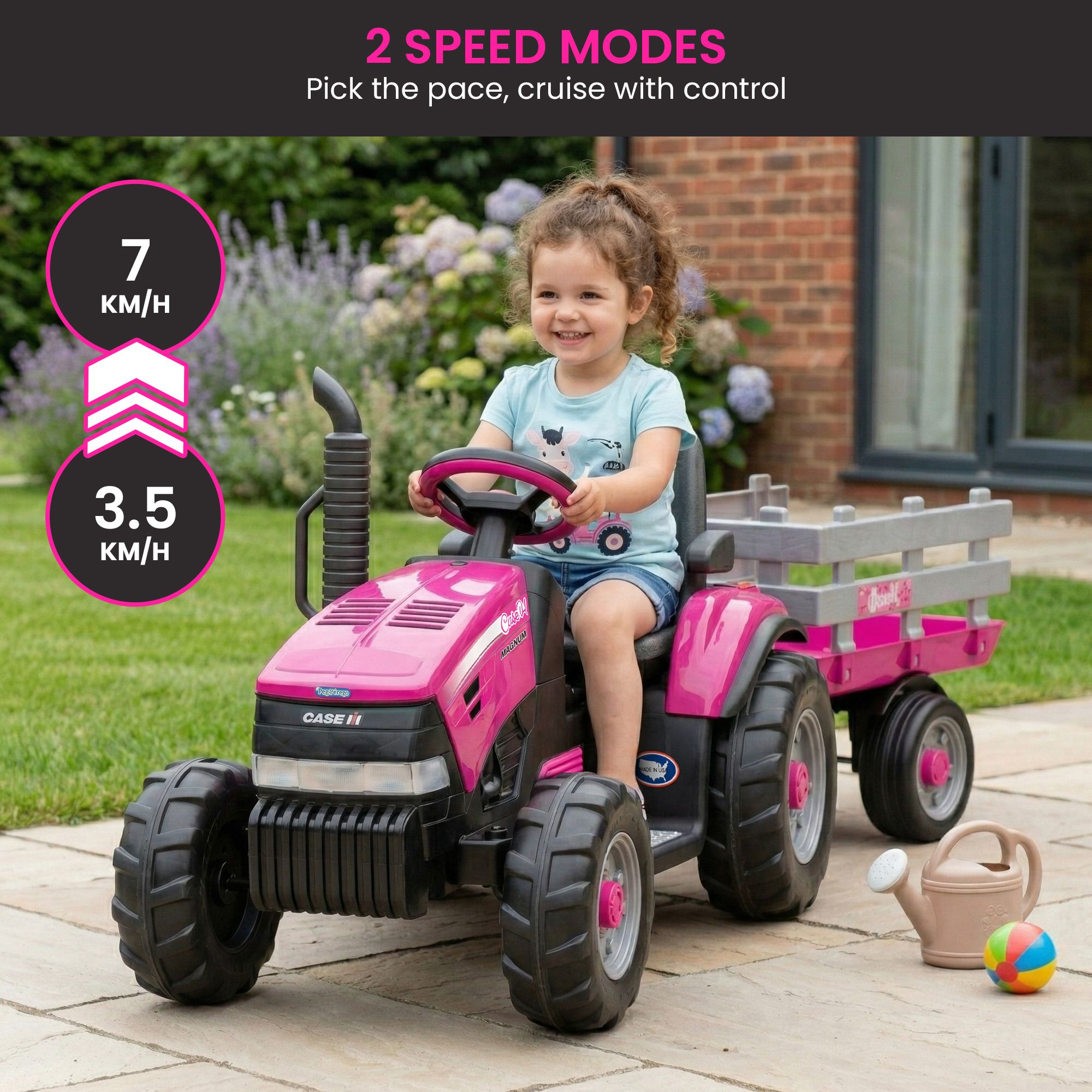 Klika Peg Perego Pink Case IH 12V Kids Ride On Tractor with Trailer 2 Speed Toy - Image 8