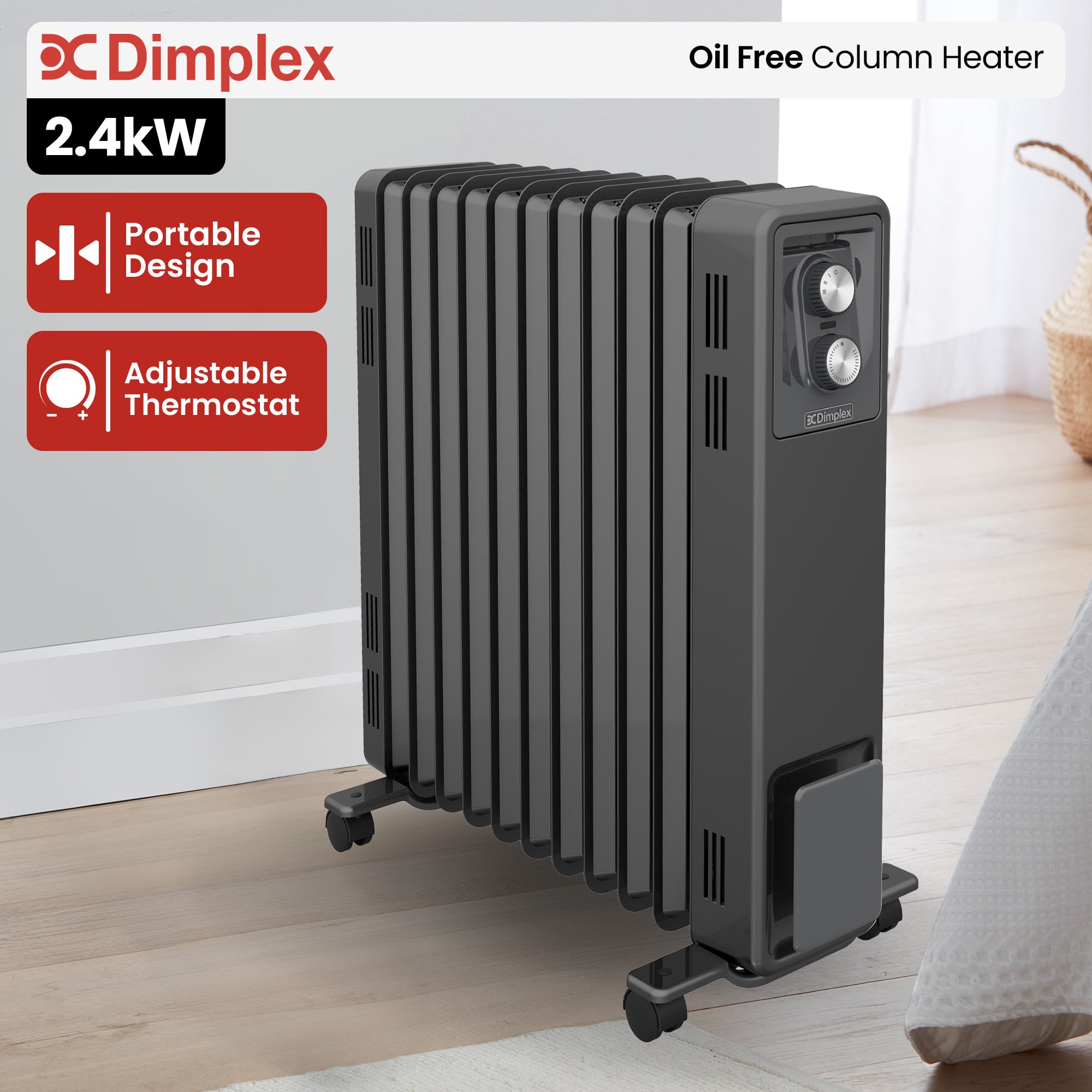 Dimplex Oil Free 2.4kW Column Heater w/ Thermostat in Black - Image 2
