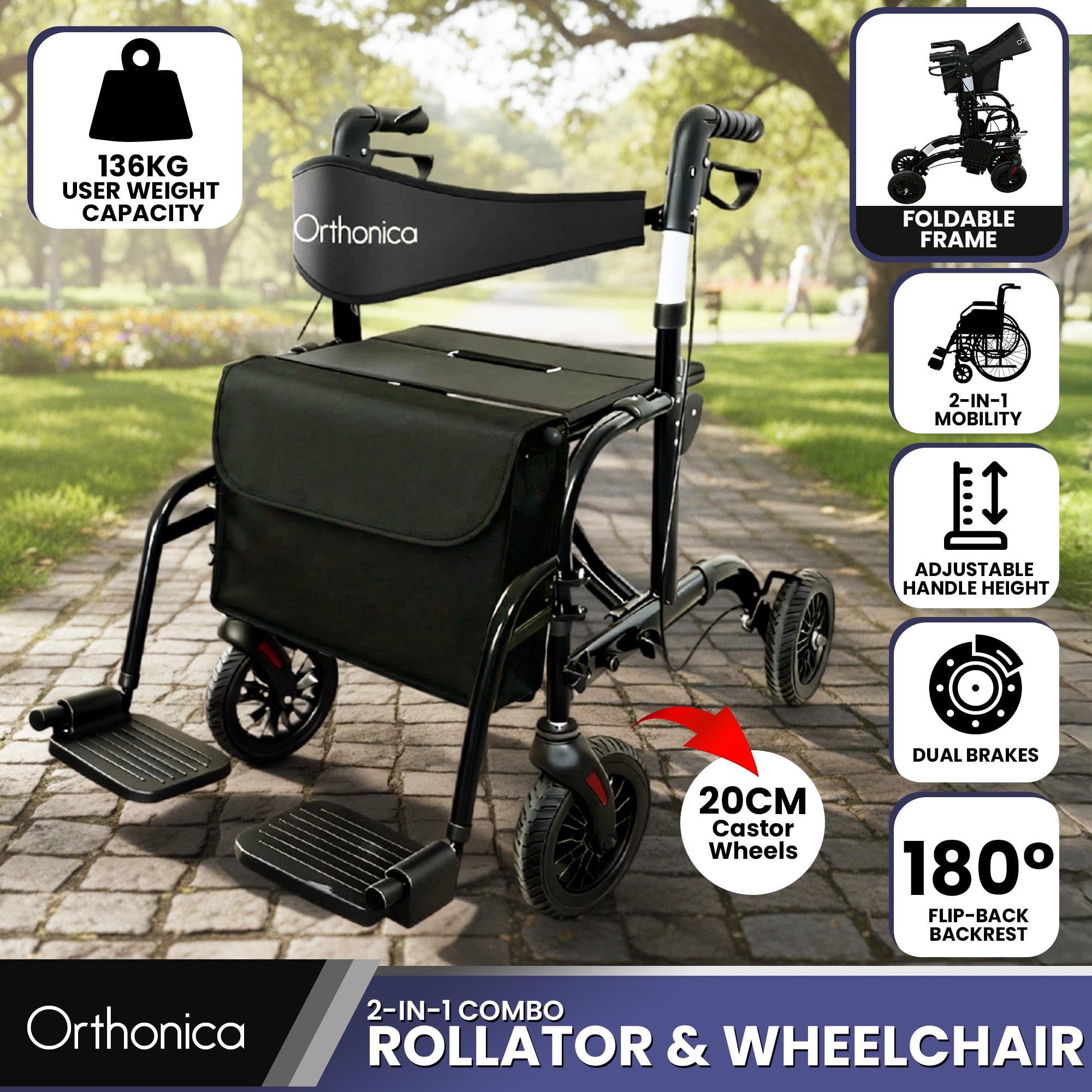 Orthonica Aluminium 2-in-1 Rollator Wheelchair with Foldable Frame – Black & Silver - Image 1