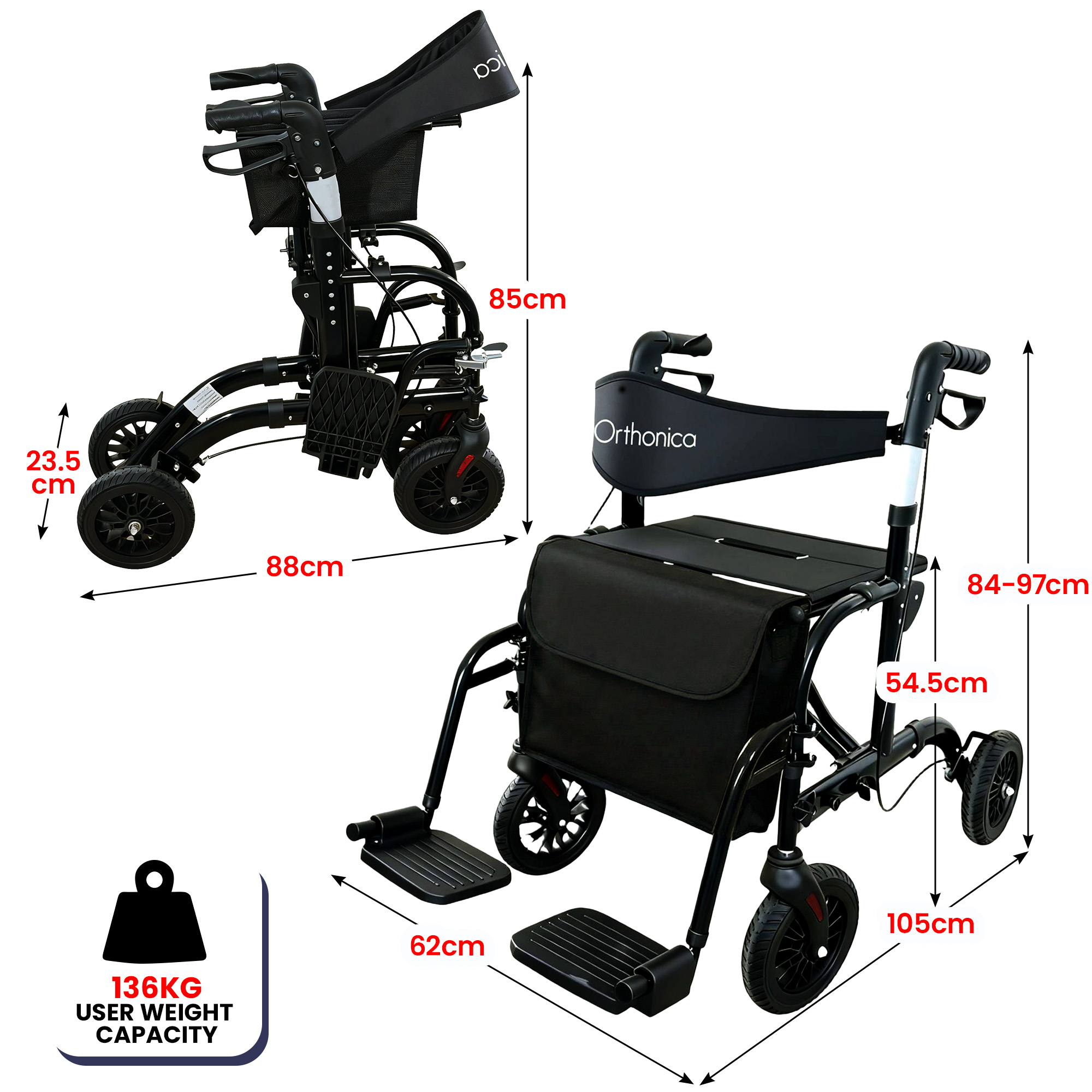 Orthonica Aluminium 2-in-1 Rollator Wheelchair with Foldable Frame – Black & Silver - Image 3