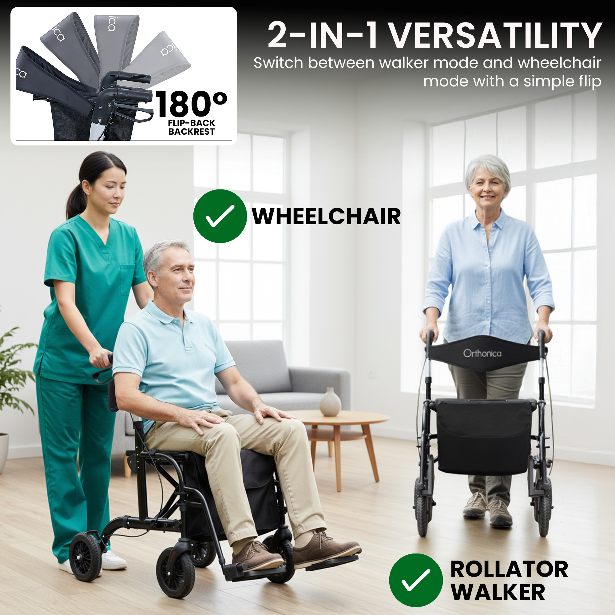 Orthonica Aluminium 2-in-1 Rollator Wheelchair with Foldable Frame – Black & Silver - Image 7