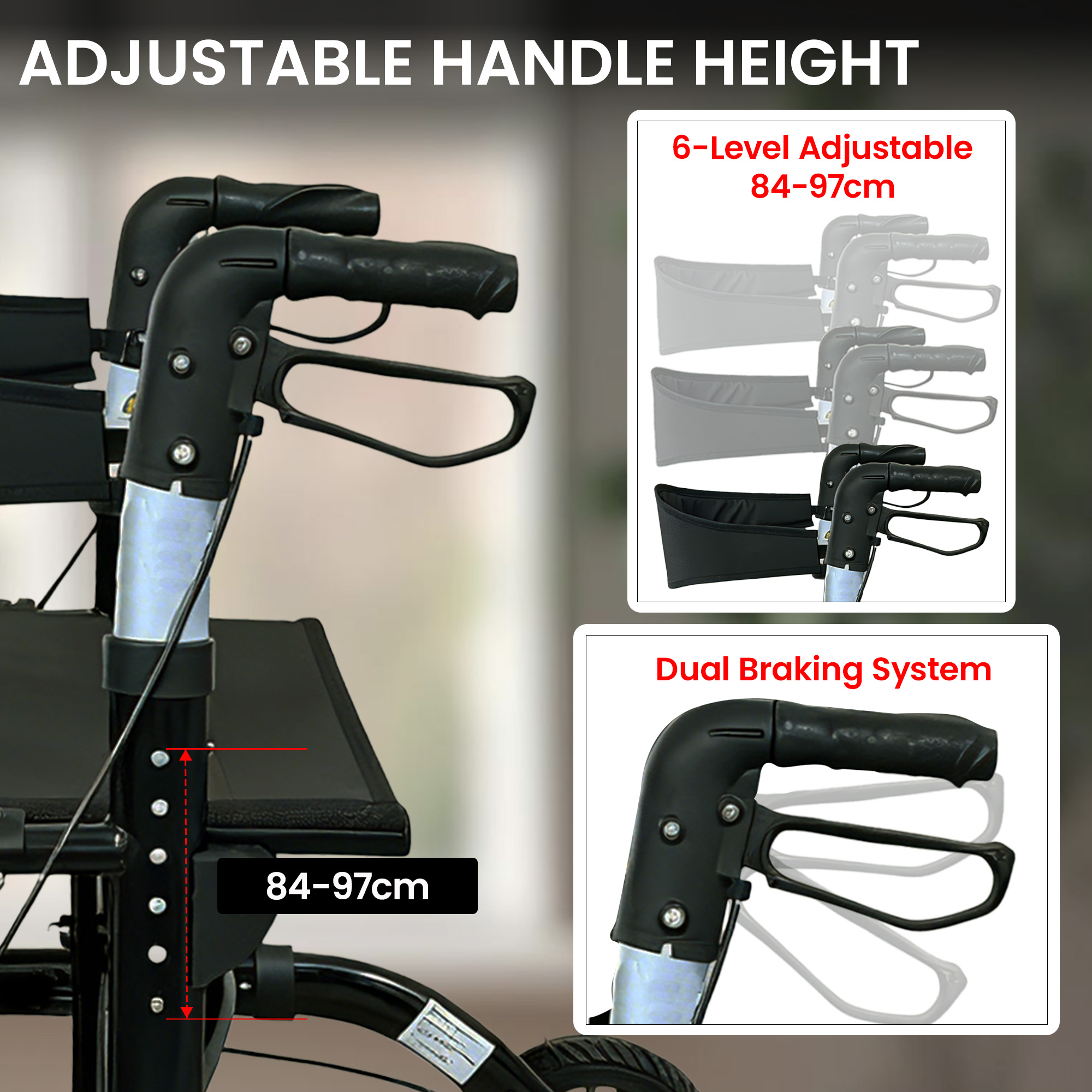 Orthonica Aluminium 2-in-1 Rollator Wheelchair with Foldable Frame – Black & Silver - Image 8