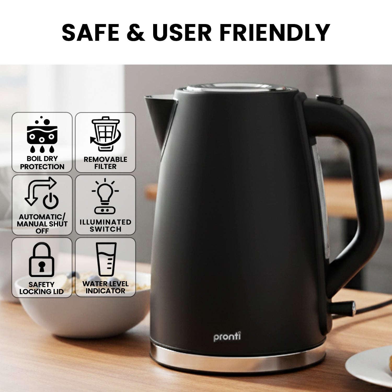 Pronti Silver Noir Collection 1.7L Electric Kettle - Image 8