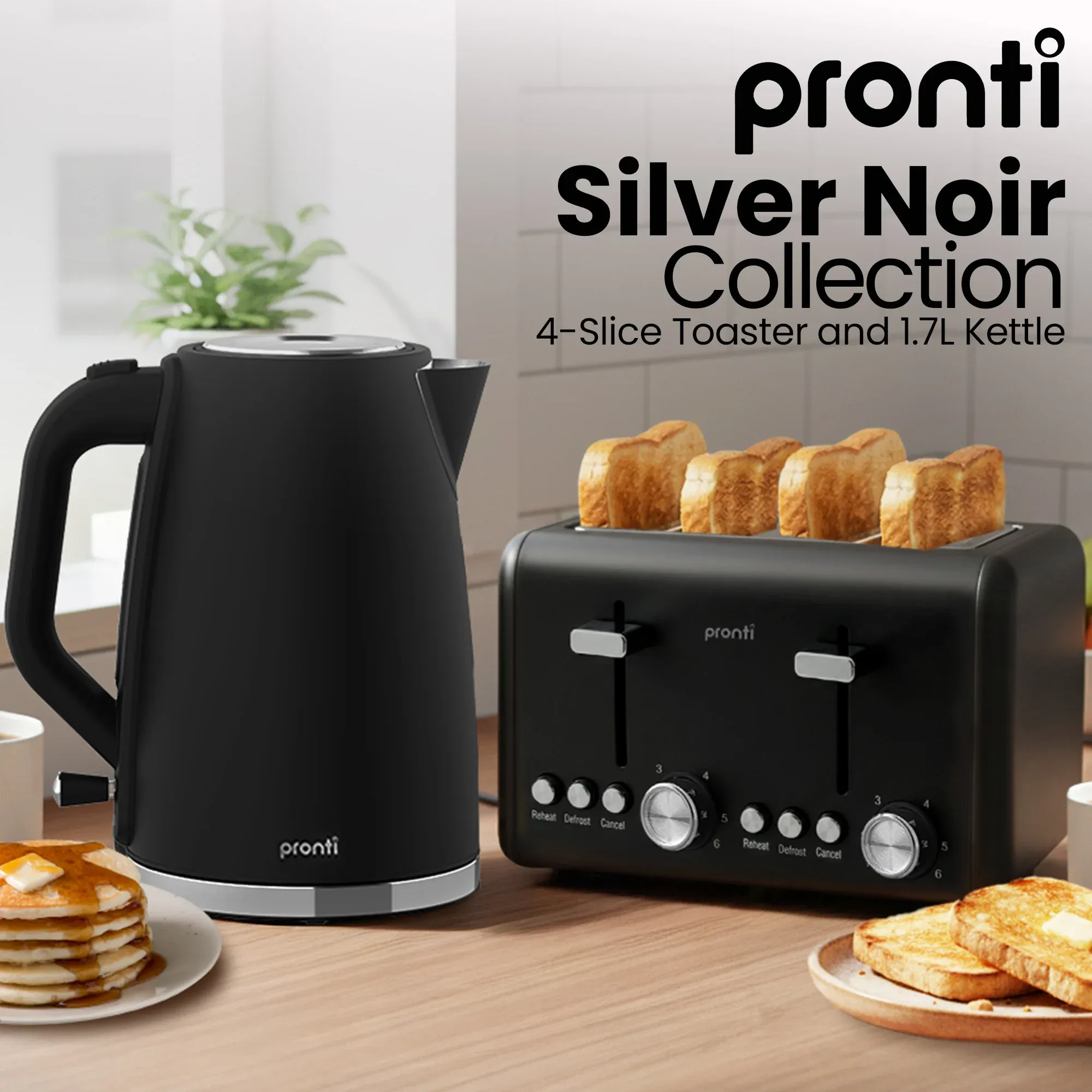 Pronti Silver Noir Collection 4 Slice Toaster and Kettle Bundle - Image 2
