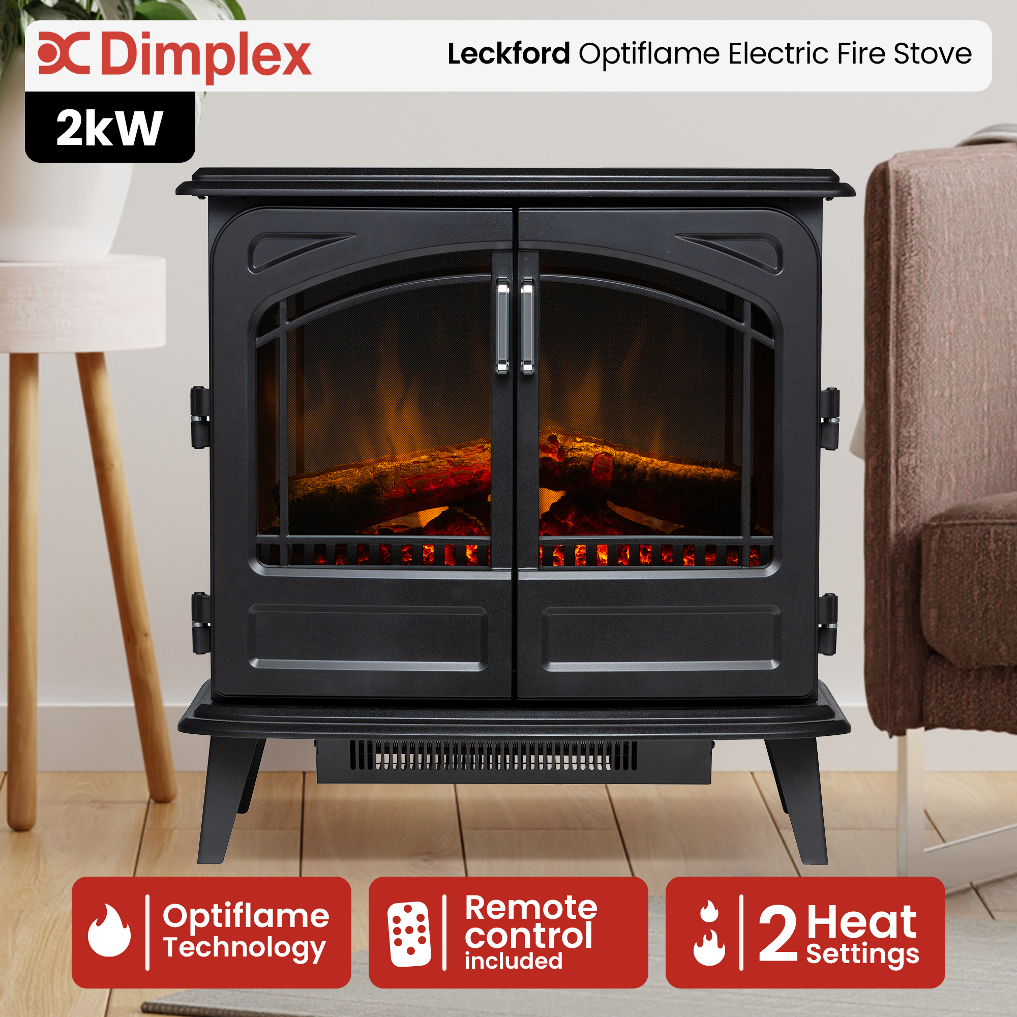 Dimplex Leckford Optiflame Electric Fire Stove - 2kW - Image 2