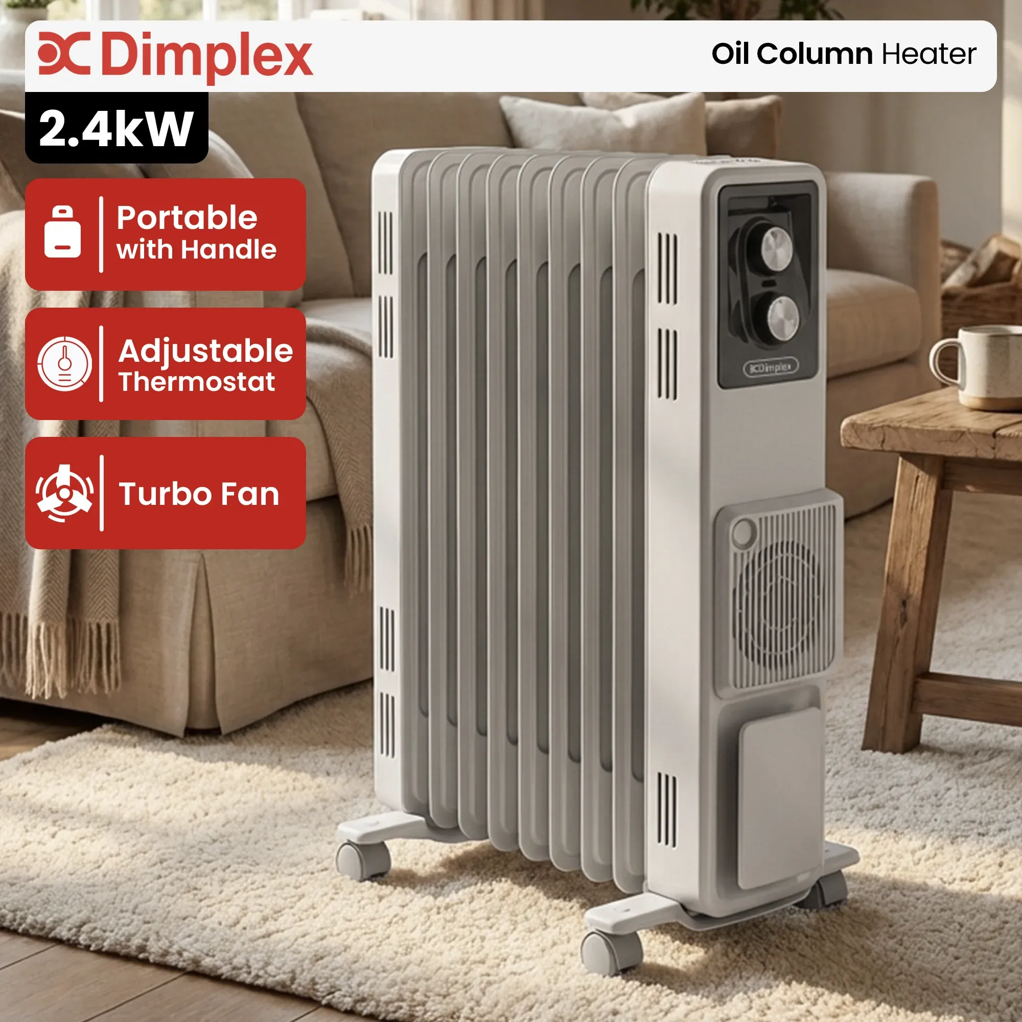 Dimplex 2.4kW Oil Column Heater with Turbo Fan 9 Fin Portable Radiator - Image 2