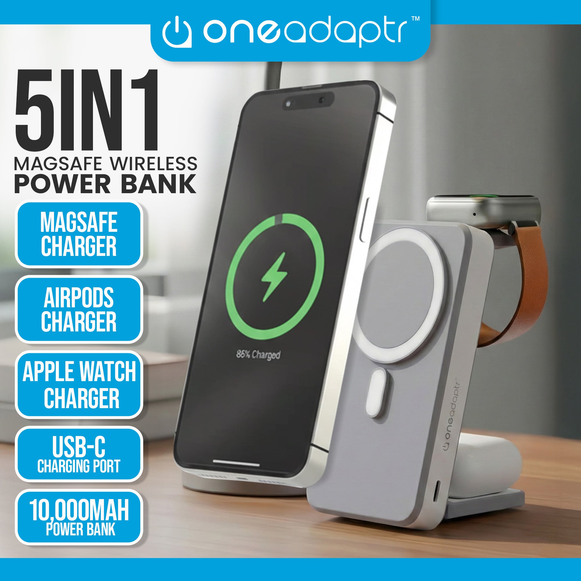 OneAdaptr OneGo Grey 5 in 1 MagSafe Charging Stand Power Bank - Image 2