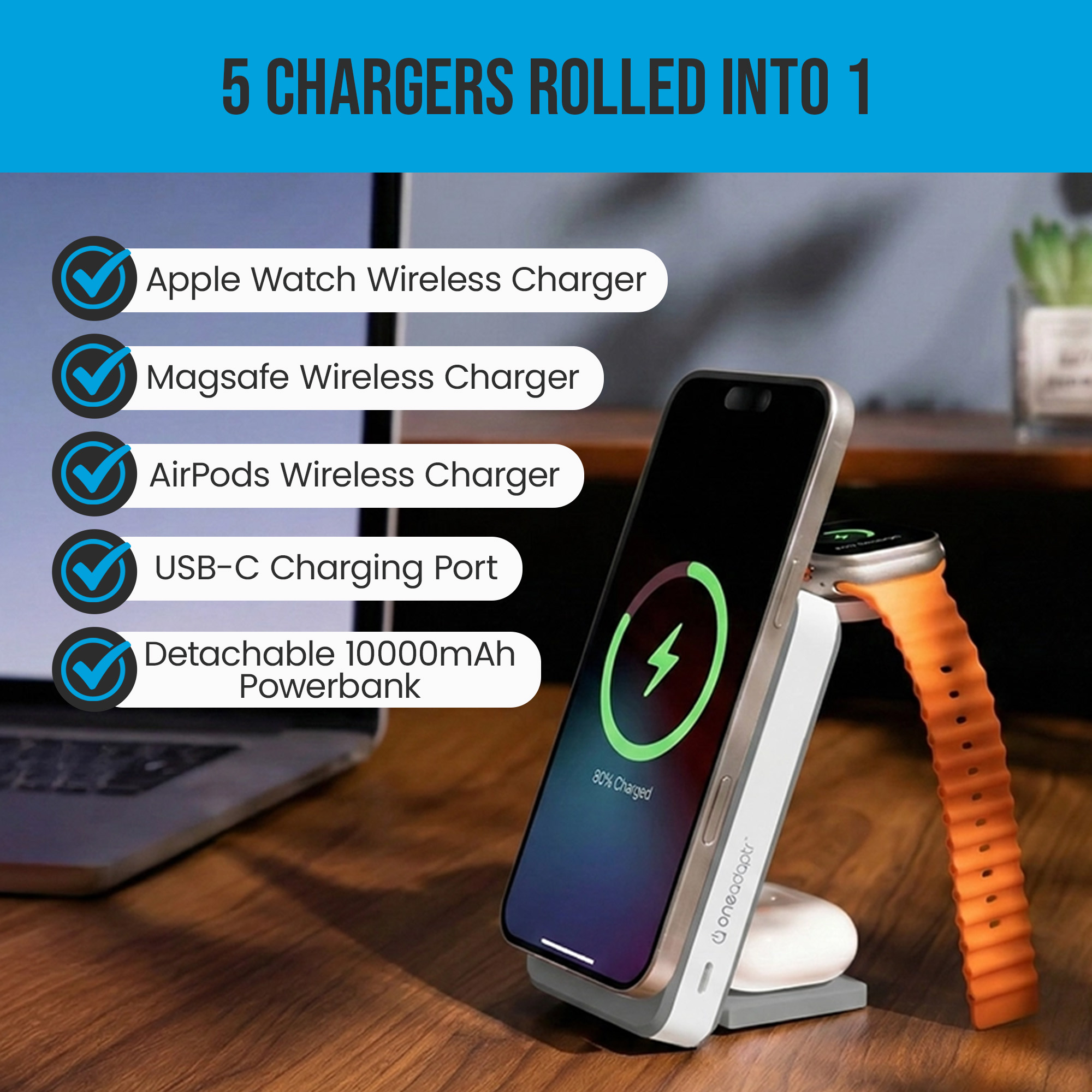 OneAdaptr OneGo Grey 5 in 1 MagSafe Charging Stand Power Bank - Image 7