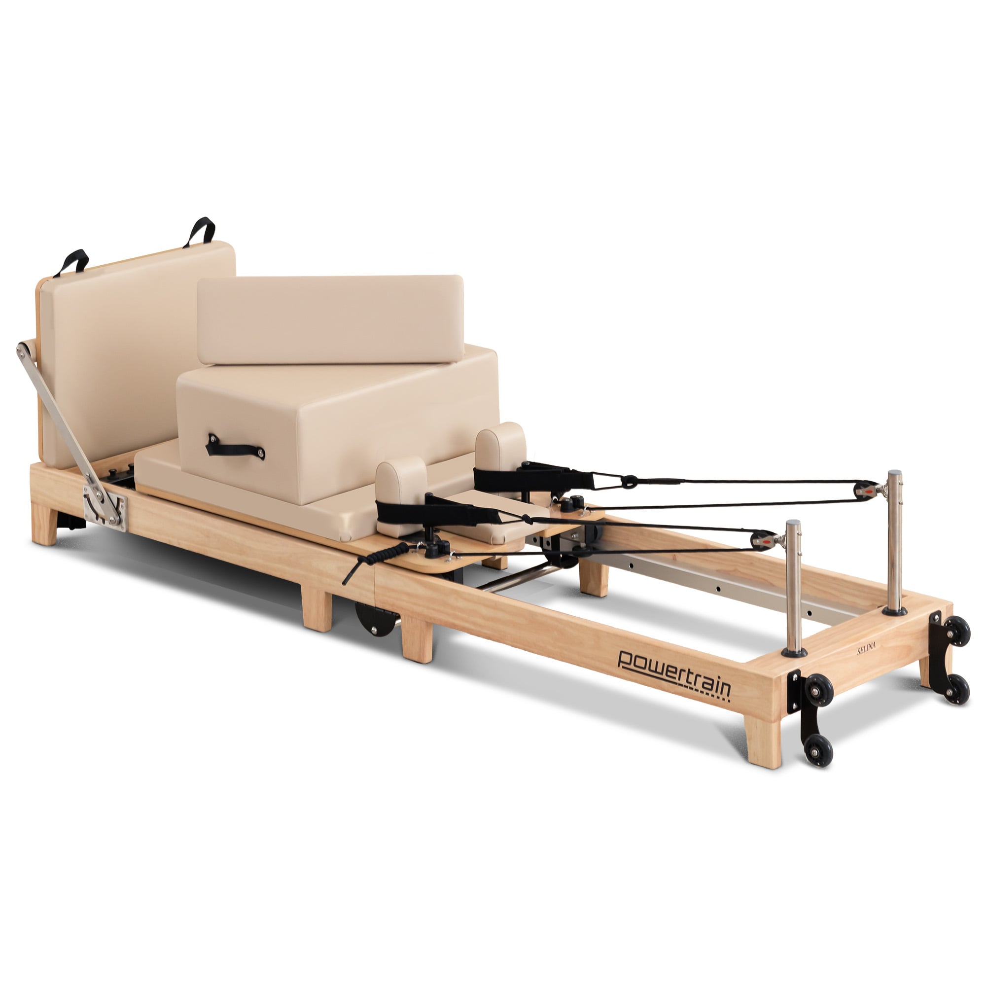 Powertrain Selina Pilates Reformer Machine Wooden Folding Multifunctional Home Gym Equipment with Jumpboard & Sitting Box Oak Beige - Image 1