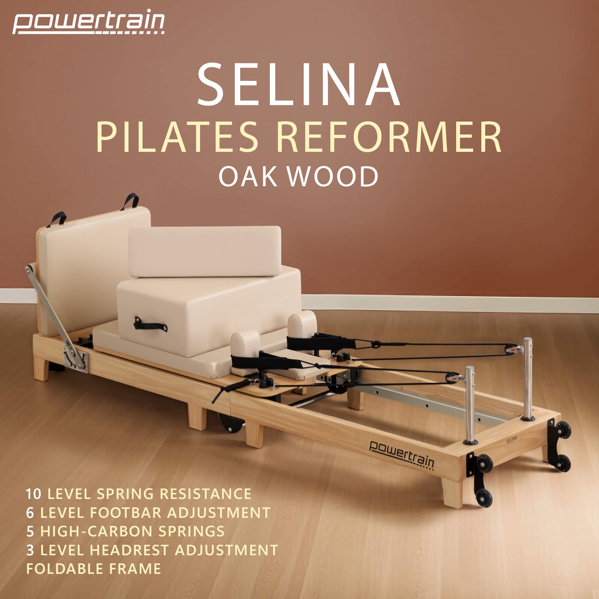 Powertrain Selina Pilates Reformer Machine Wooden Folding Multifunctional Home Gym Equipment with Jumpboard & Sitting Box Oak Beige - Image 2