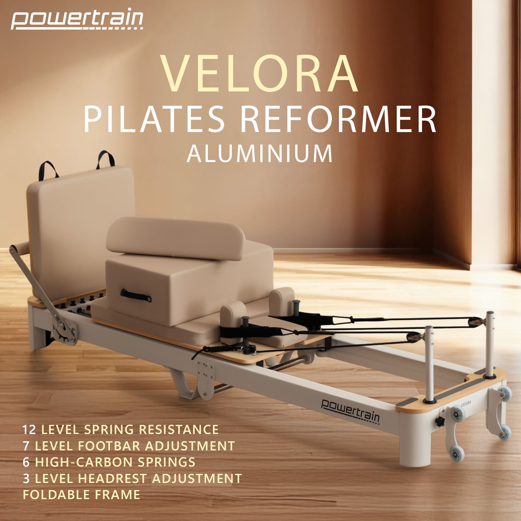 Powertrain Velora Beige Aluminium Foldable Pilates Board Reformer Multifunctional Core Exercise Set Ab Trainer Platform Extender Sitting Box Jumpboard And Footbar Full Body Home - Image 2