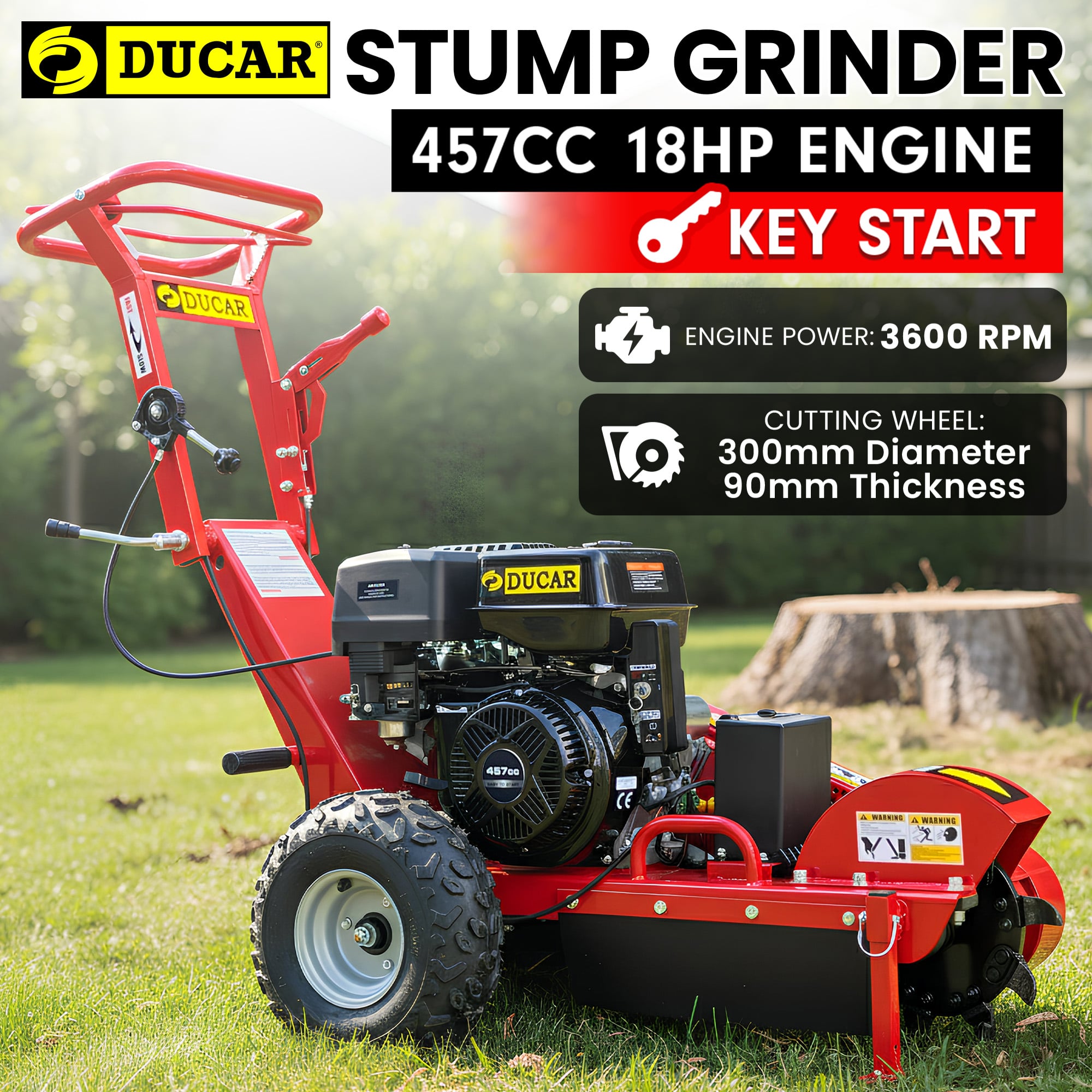 Ducar Stump Grinder 457cc 18HP Petrol Engine with Key Start & Tungsten Carbide Teeth - Image 2
