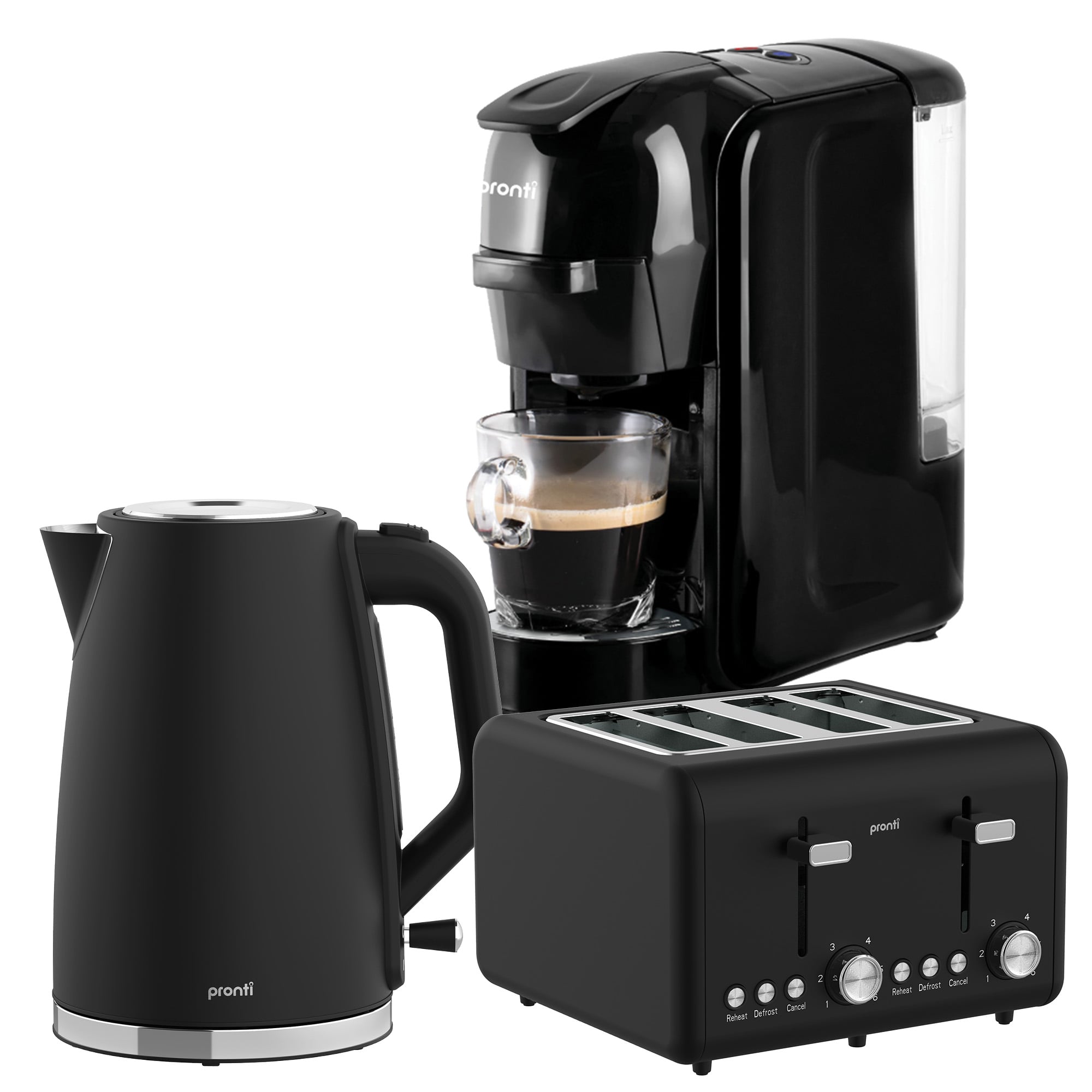 Pronti Breakfast Set with HomeMaid Coffee Machine, Silver Noir Toaster & Kettle - Image 1
