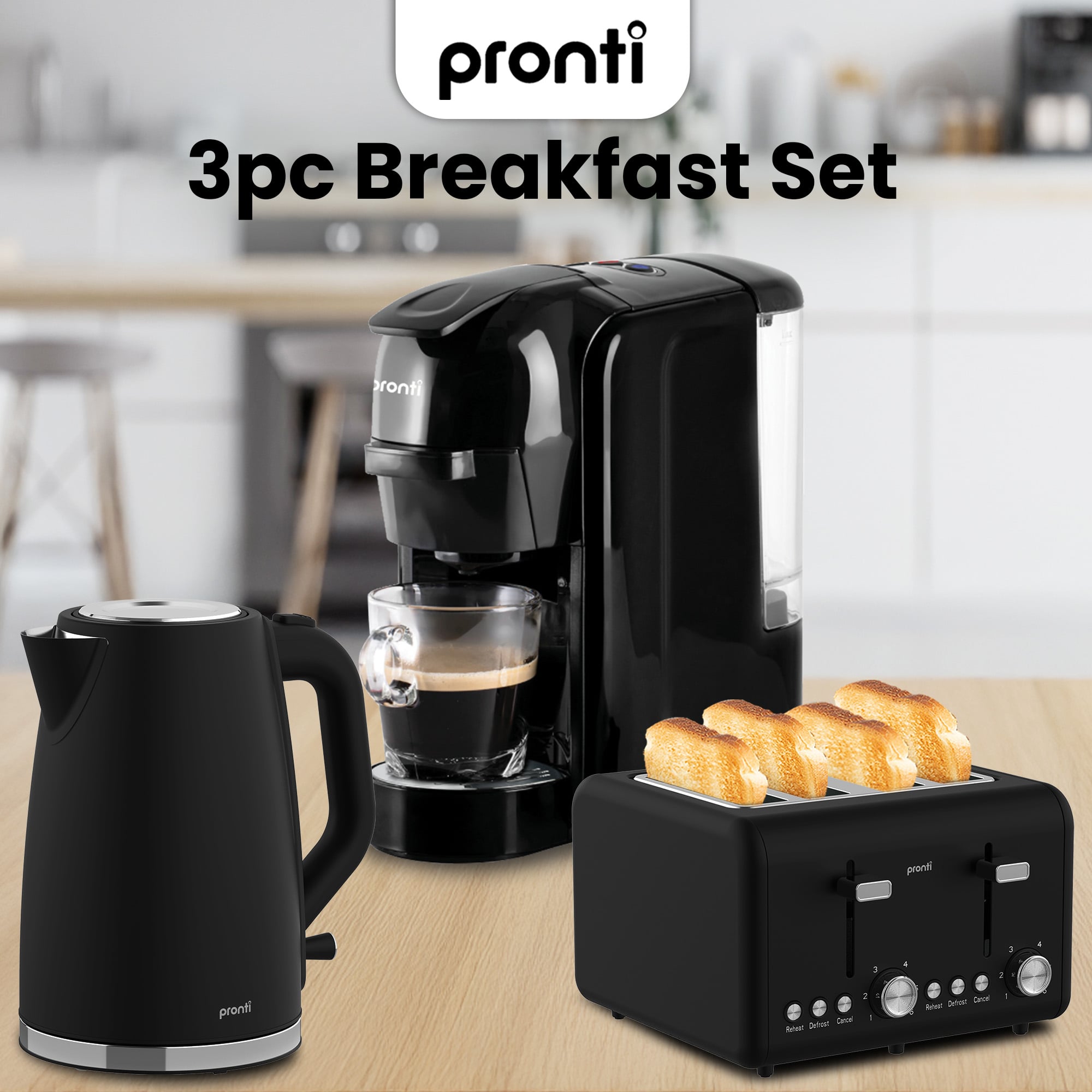 Pronti Breakfast Set with HomeMaid Coffee Machine, Silver Noir Toaster & Kettle - Image 2