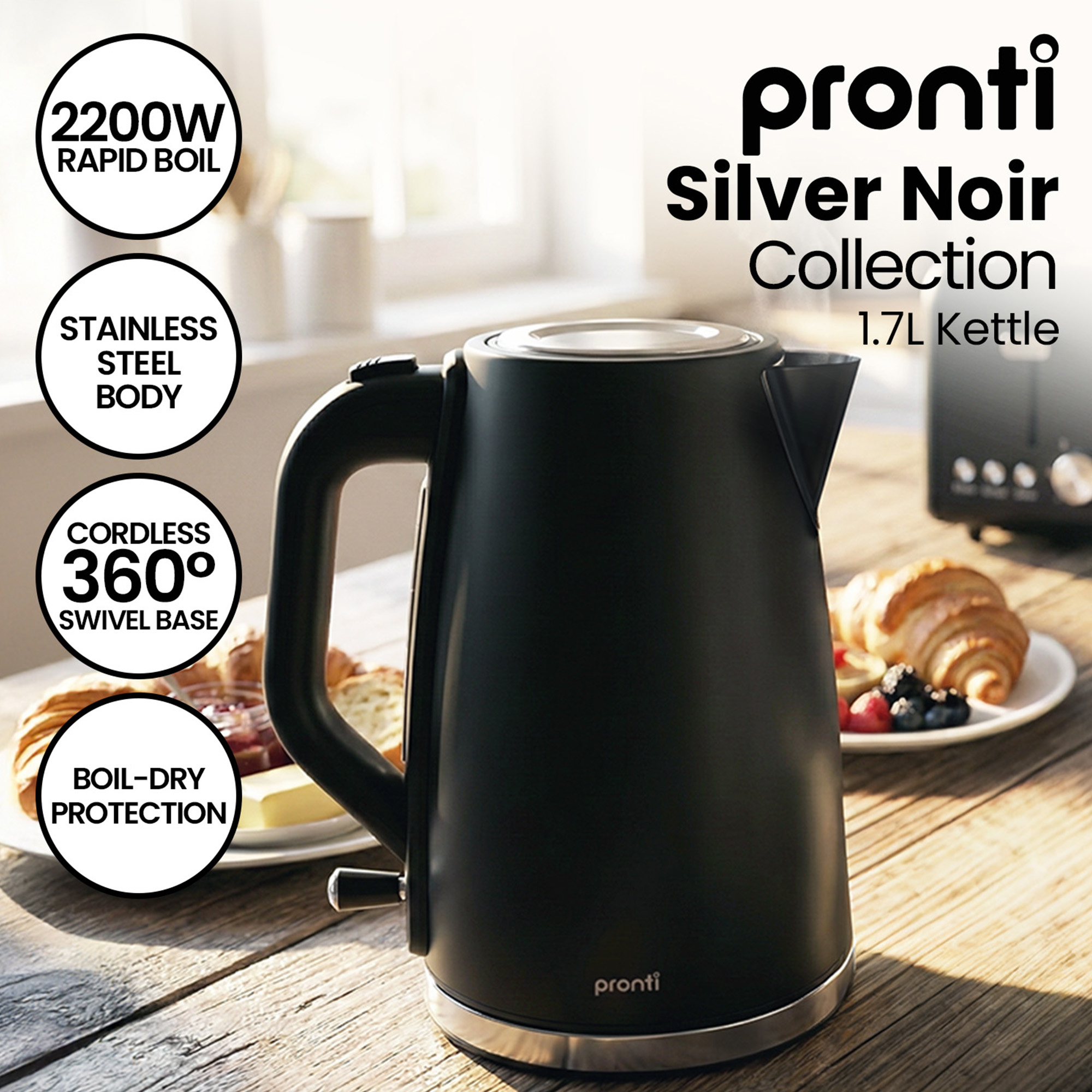 Pronti Breakfast Set with HomeMaid Coffee Machine, Silver Noir Toaster & Kettle - Image 4