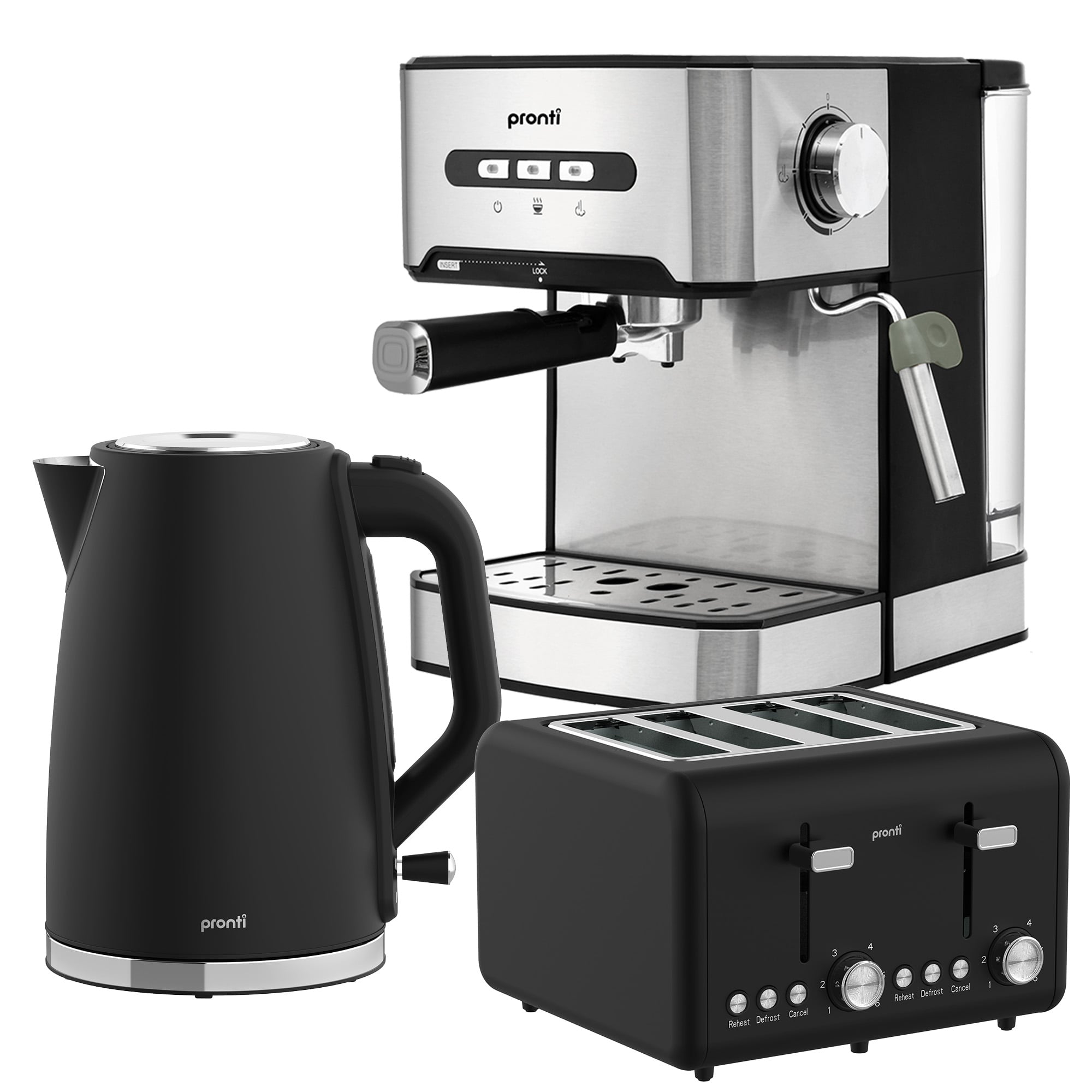 Pronti Breakfast Set with 1.6L Coffee Machine, Silver Noir Toaster & Kettle - Image 1