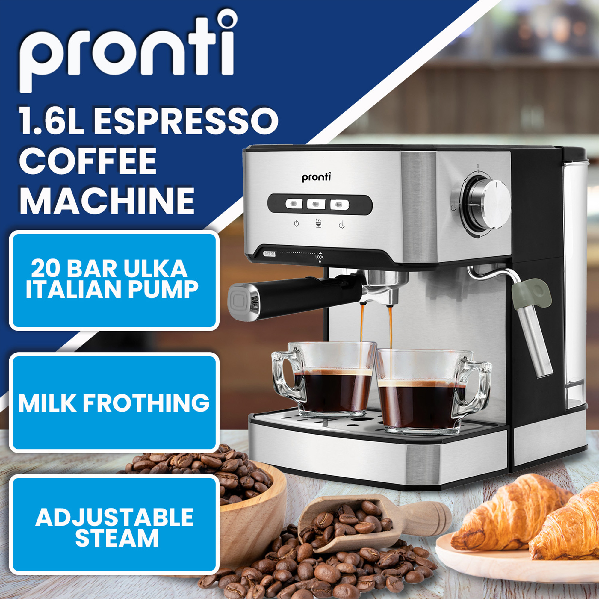 Pronti Breakfast Set with 1.6L Coffee Machine, Silver Noir Toaster & Kettle - Image 3