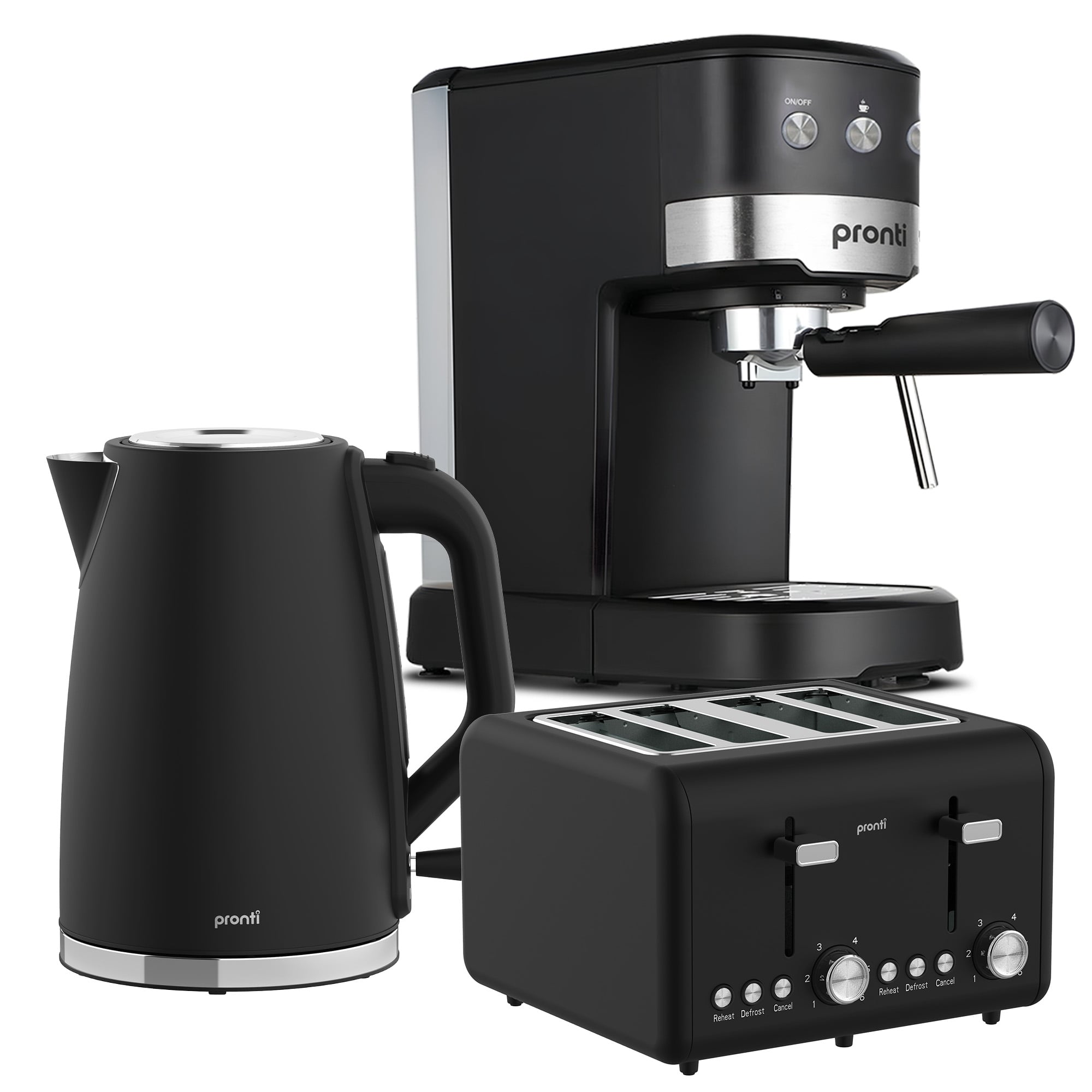 Pronti Breakfast Set with 1.25L Coffee Machine, Silver Noir Toaster & Kettle - Image 1