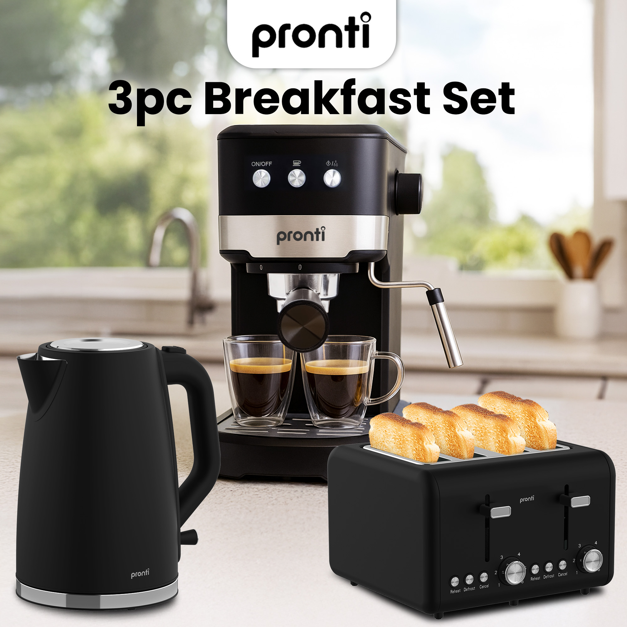Pronti Breakfast Set with 1.25L Coffee Machine, Silver Noir Toaster & Kettle - Image 2