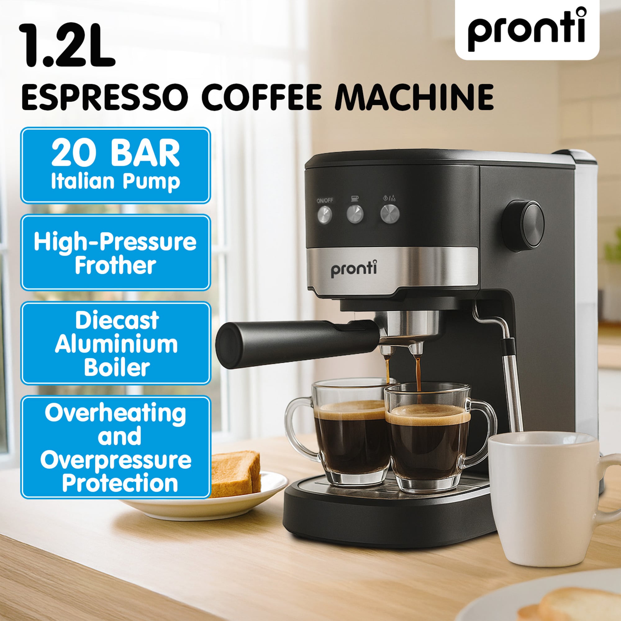 Pronti Breakfast Set with 1.25L Coffee Machine, Silver Noir Toaster & Kettle - Image 3