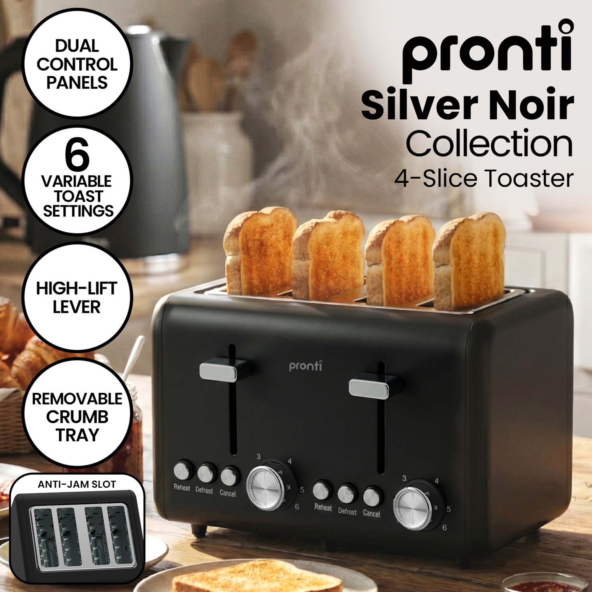 Pronti Breakfast Set with 1.25L Coffee Machine, Silver Noir Toaster & Kettle - Image 5