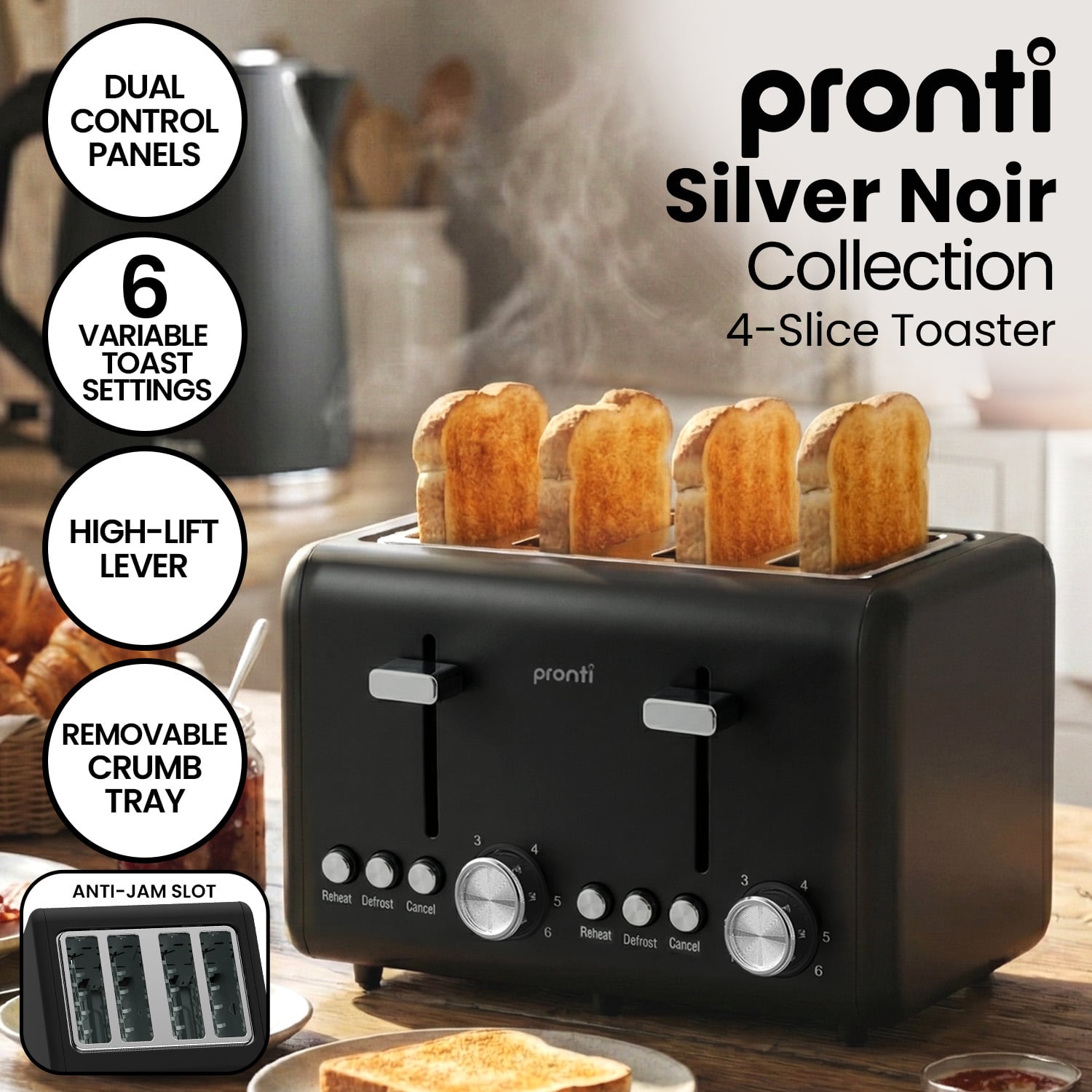 Pronti Silver Noir Collection 4 Slice Toaster with Dual Controls - Image 2